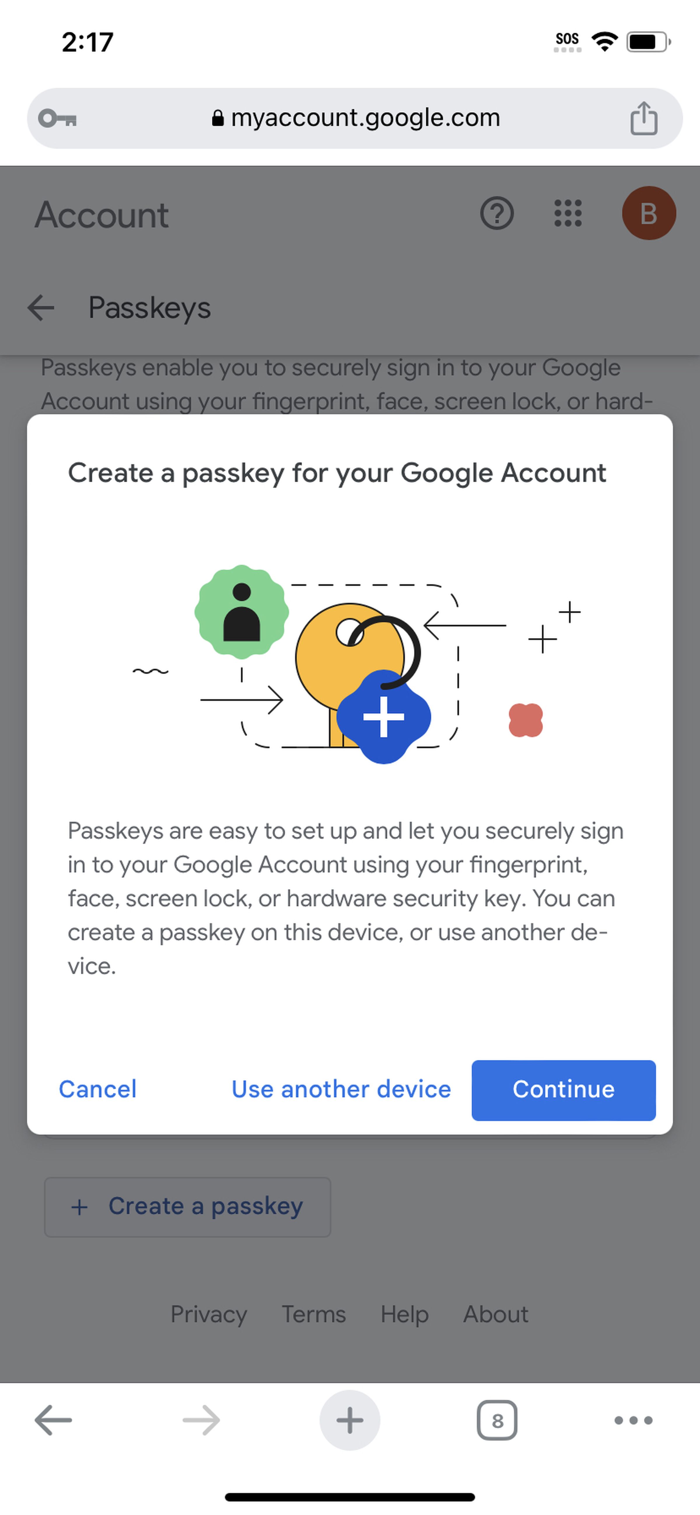 tech news Mobile screen with pop-up window headed Create a passkey for your Google Account.