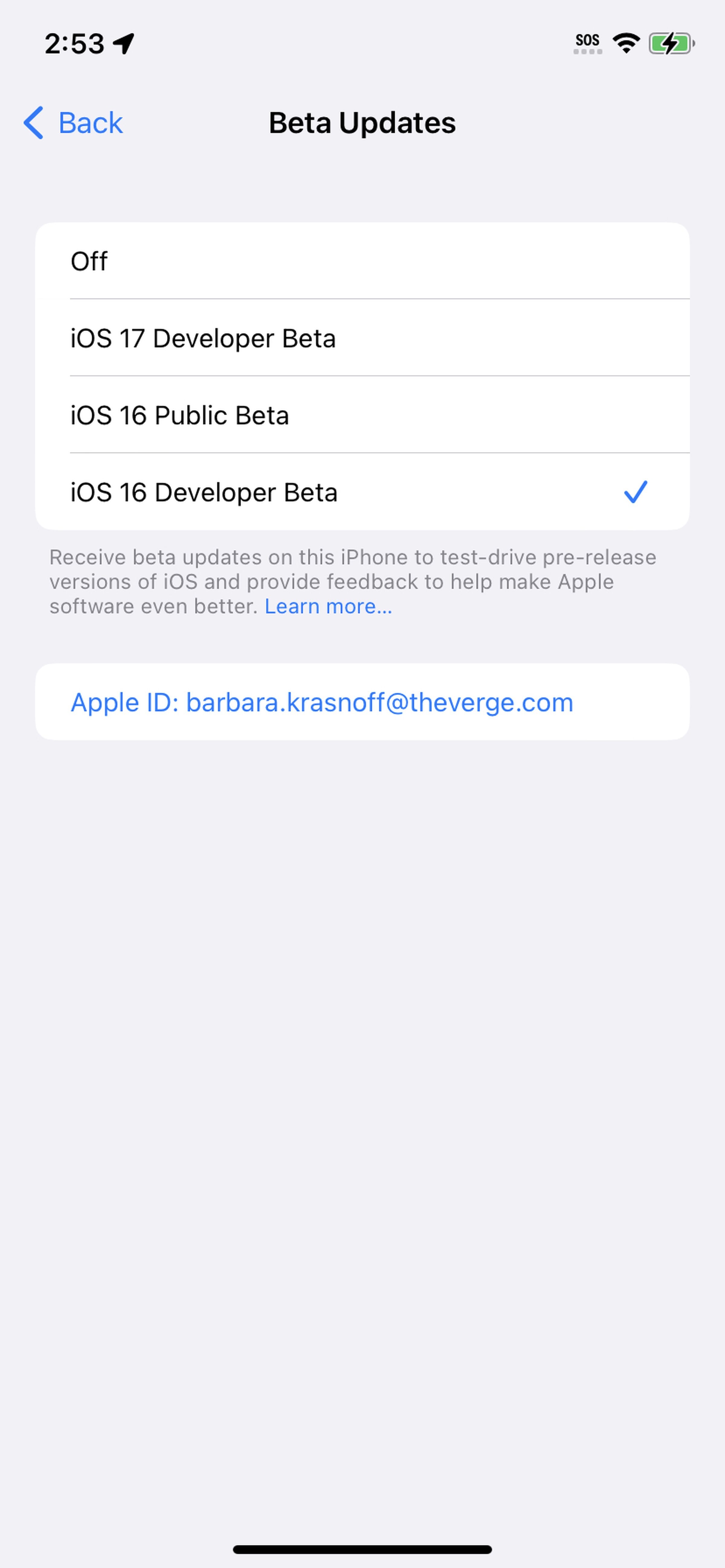 Página de atualizações beta no iPhone