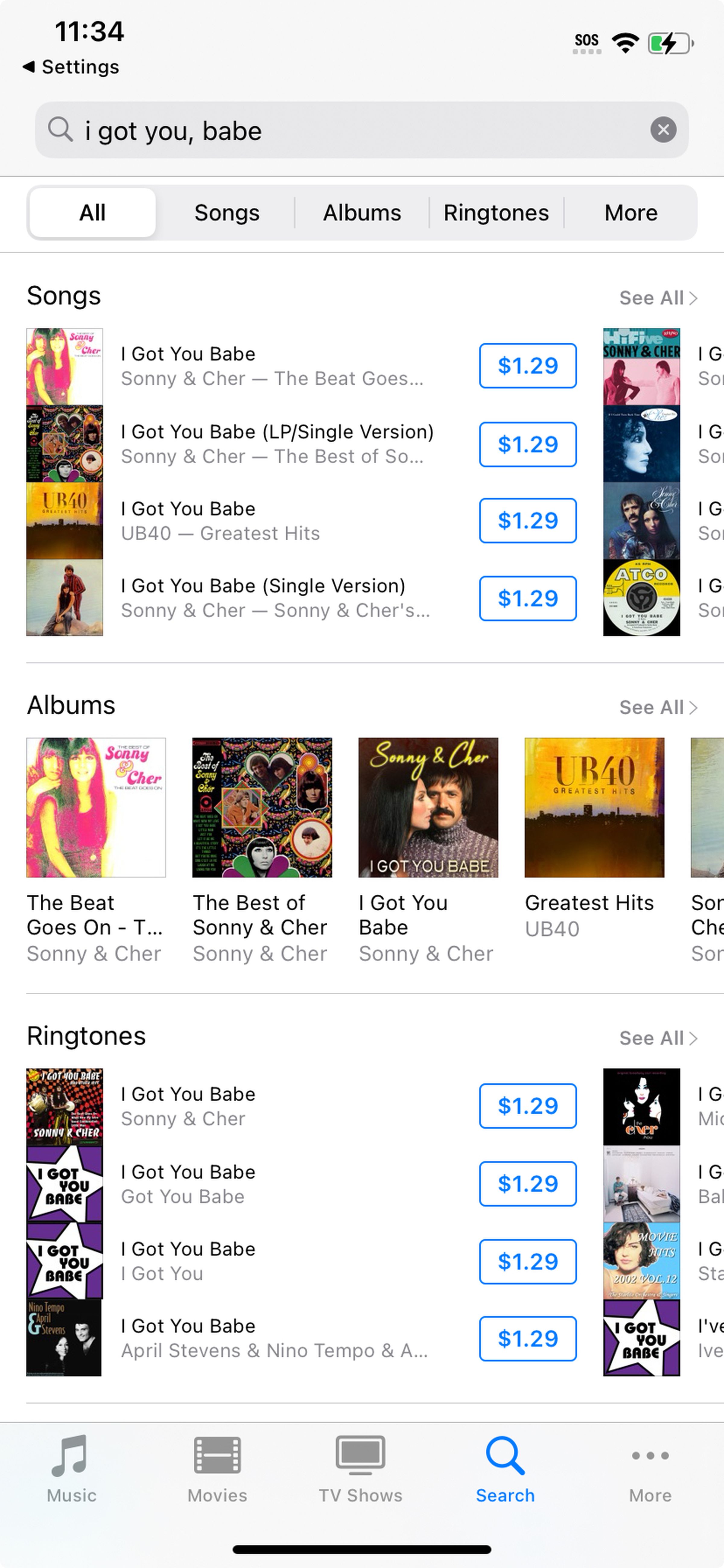 iTunes store showing results from “I got you, babe” search.