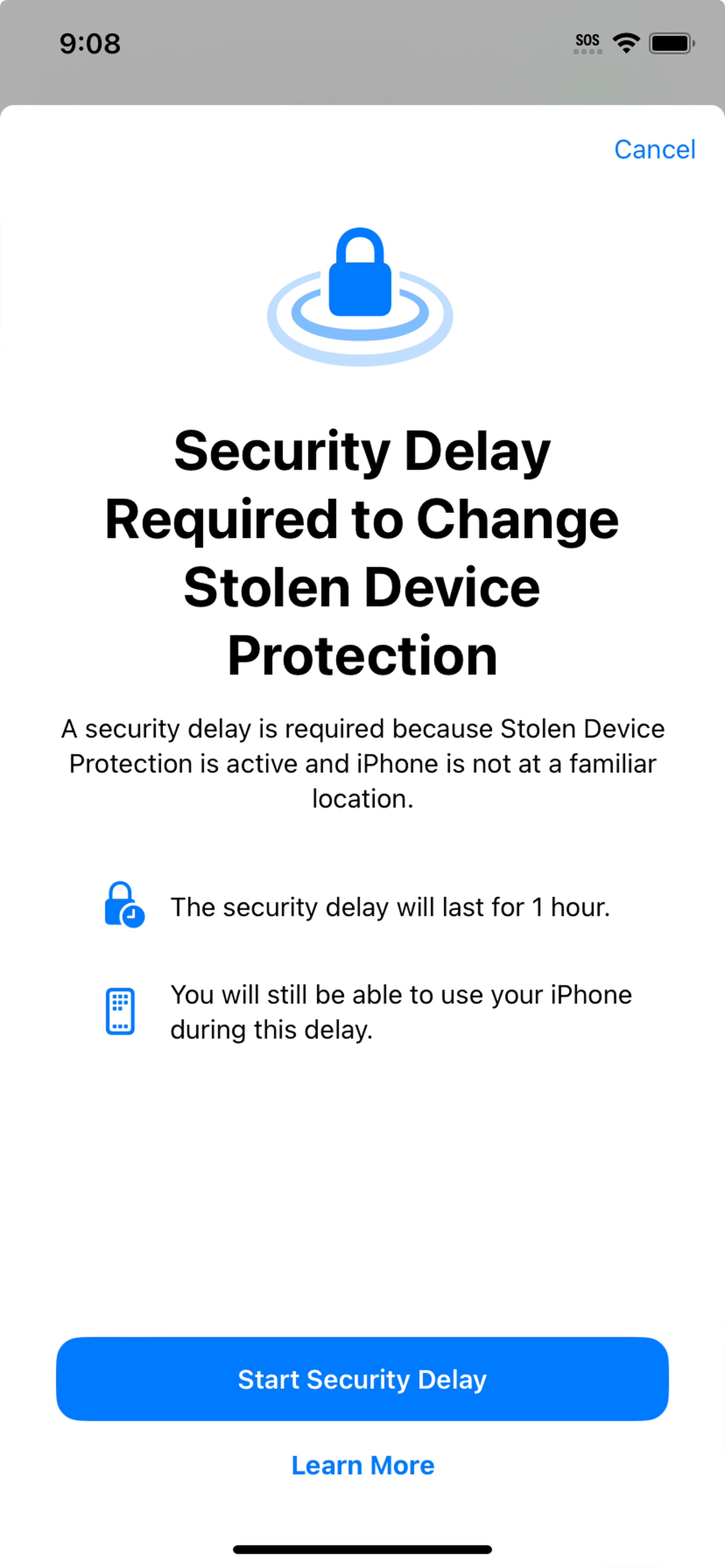 iPhone screen saying “Security Delay Required to Change Stolen Device Protection”
