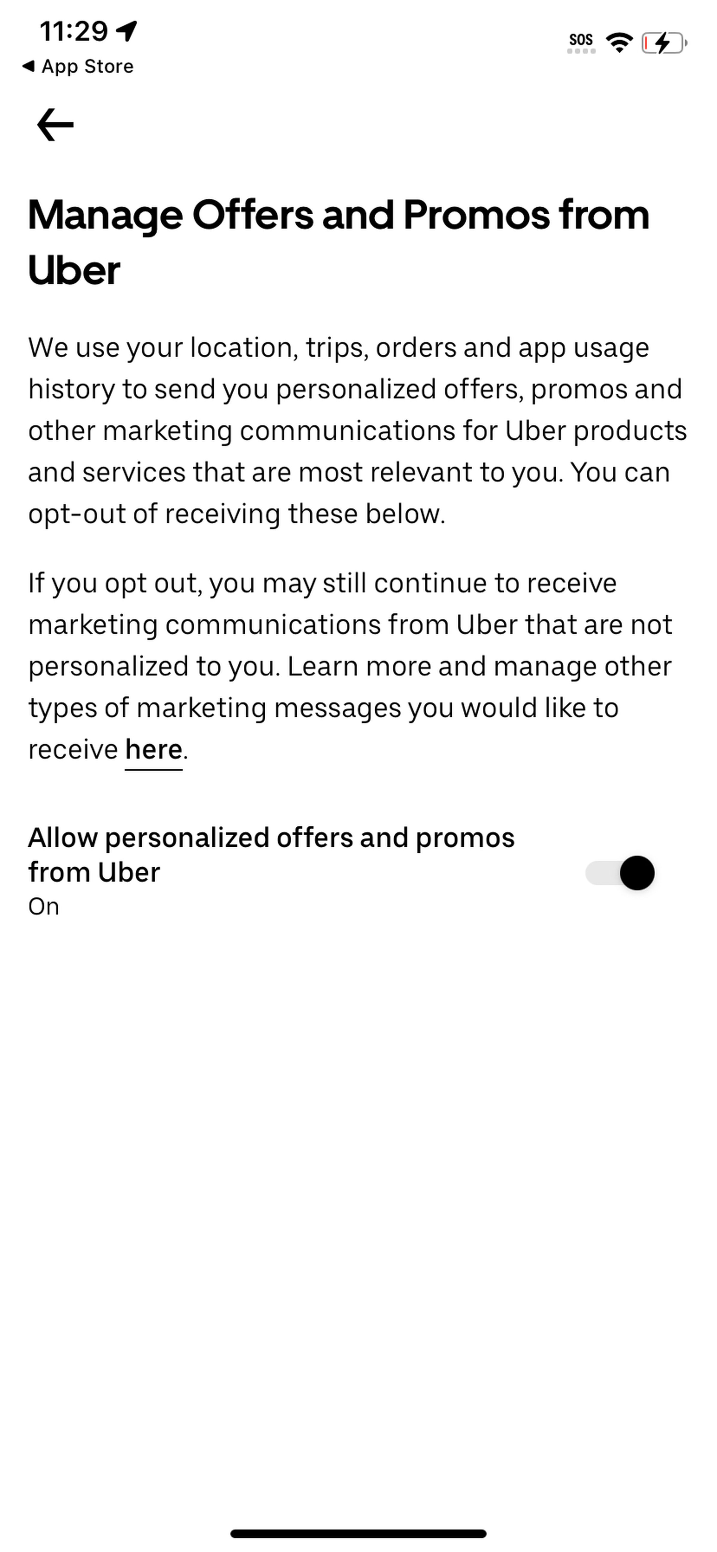 Page saying Manage Offers and Promos from Uber