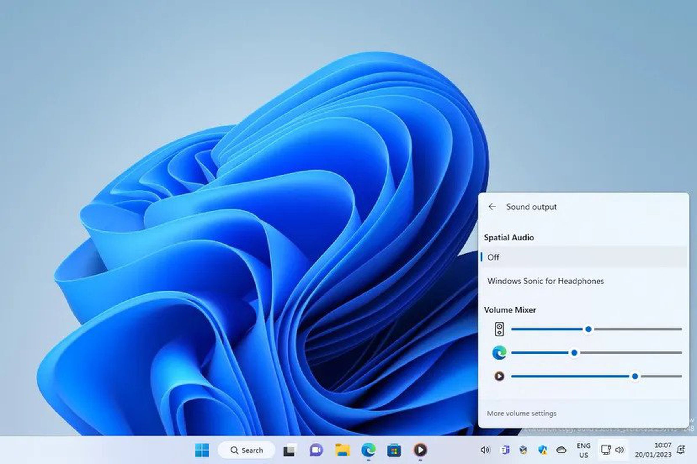 A screenshot of a Windows 11 desktop displaying the in-development volume mixer.