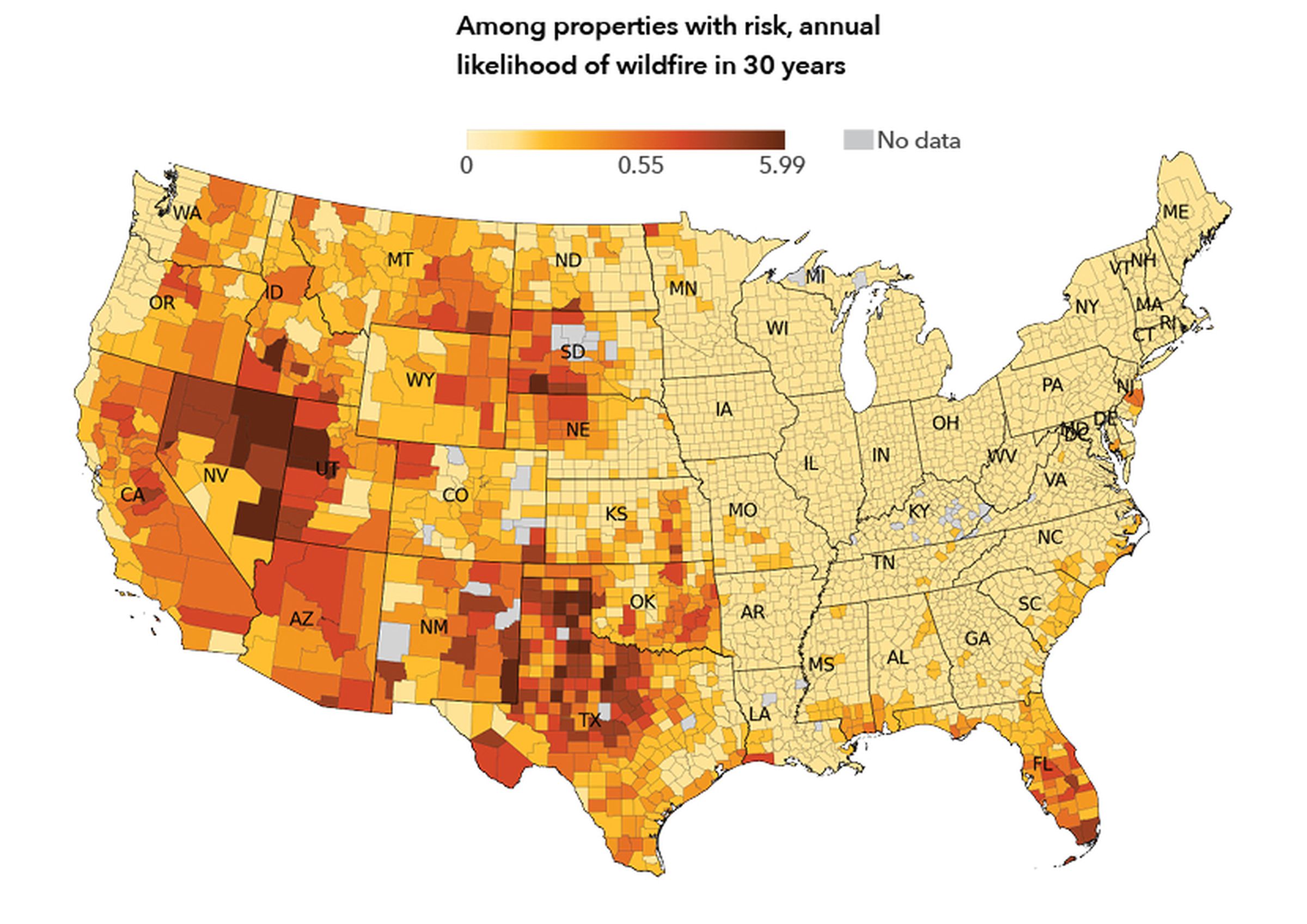Map of properties facing wildfire risk in the US; annual likelihood of wildfire in 30 years.&nbsp;