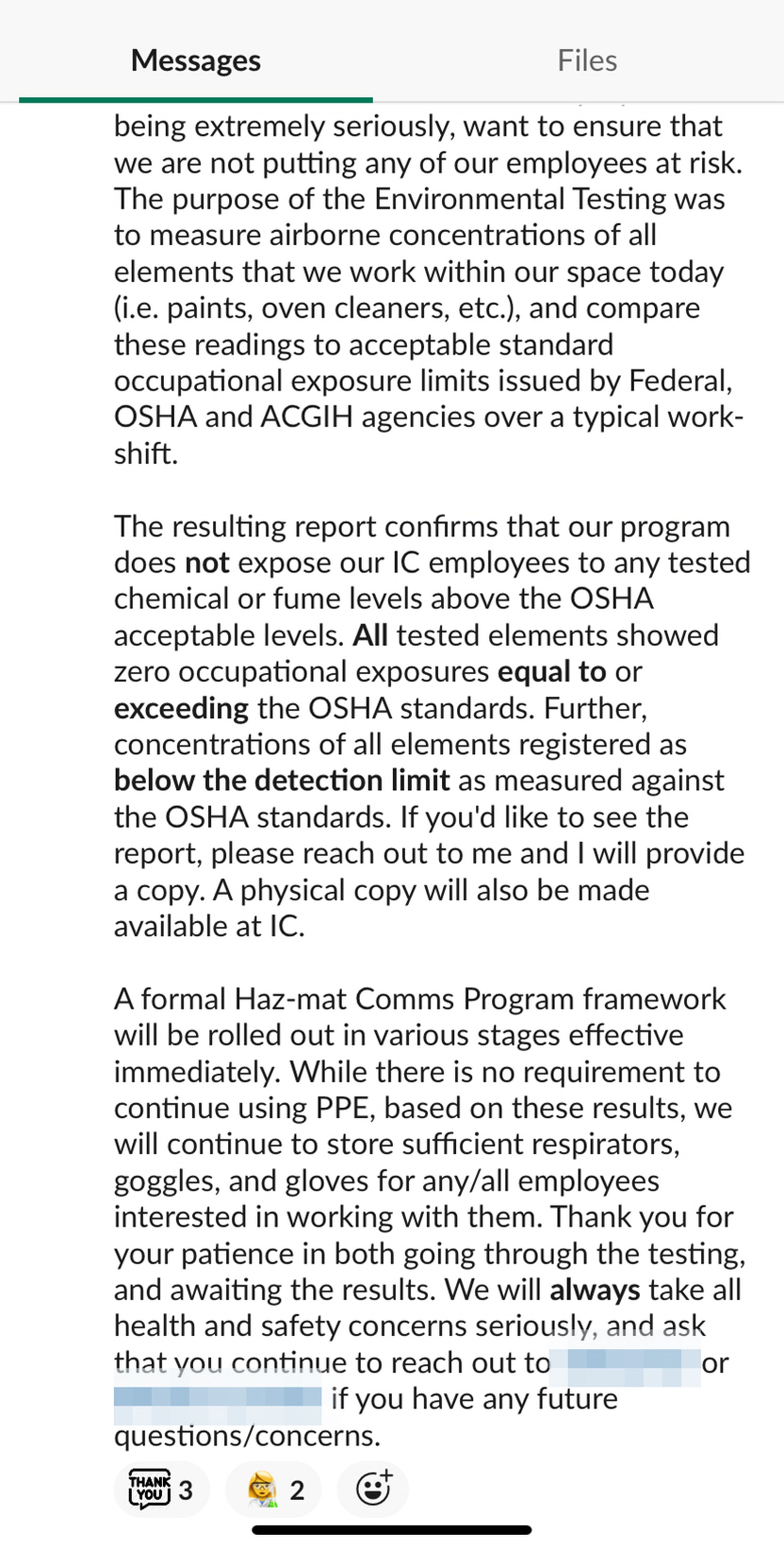 Screenshot of Away explaining to employees the OSHA inspection did not show unsafe levels of chemicals.
