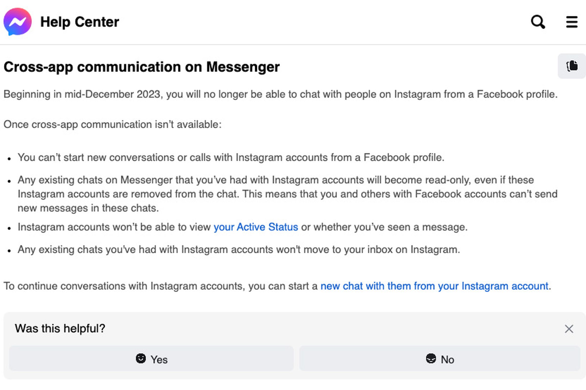 Screenshot of Messenger support page.