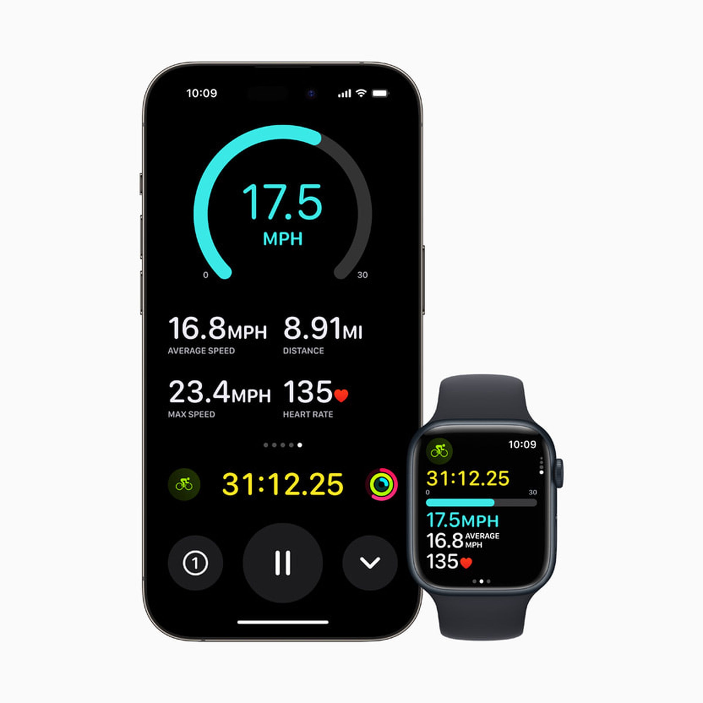 Render of iPhone showing Cycling views next to Apple Watch