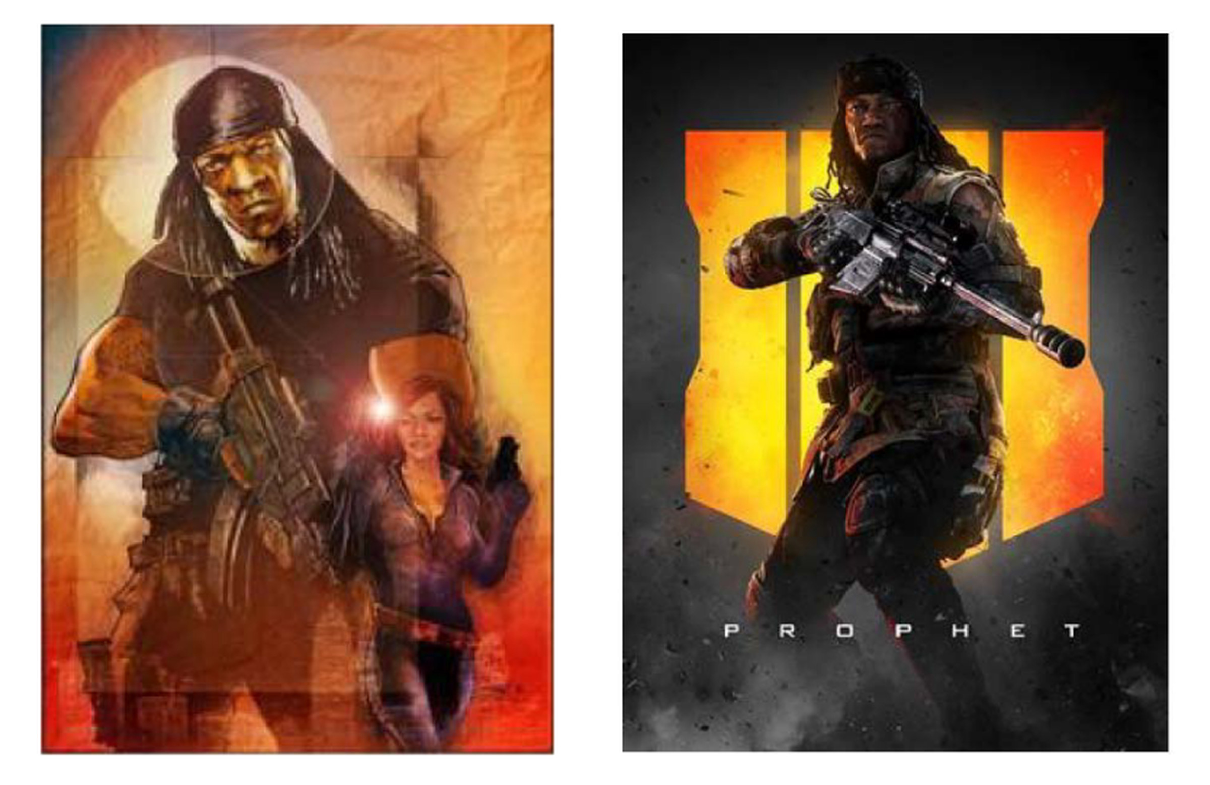 G.I. Bro drawing (left), Call of Duty: Black Ops 4 image of Prophet (right)