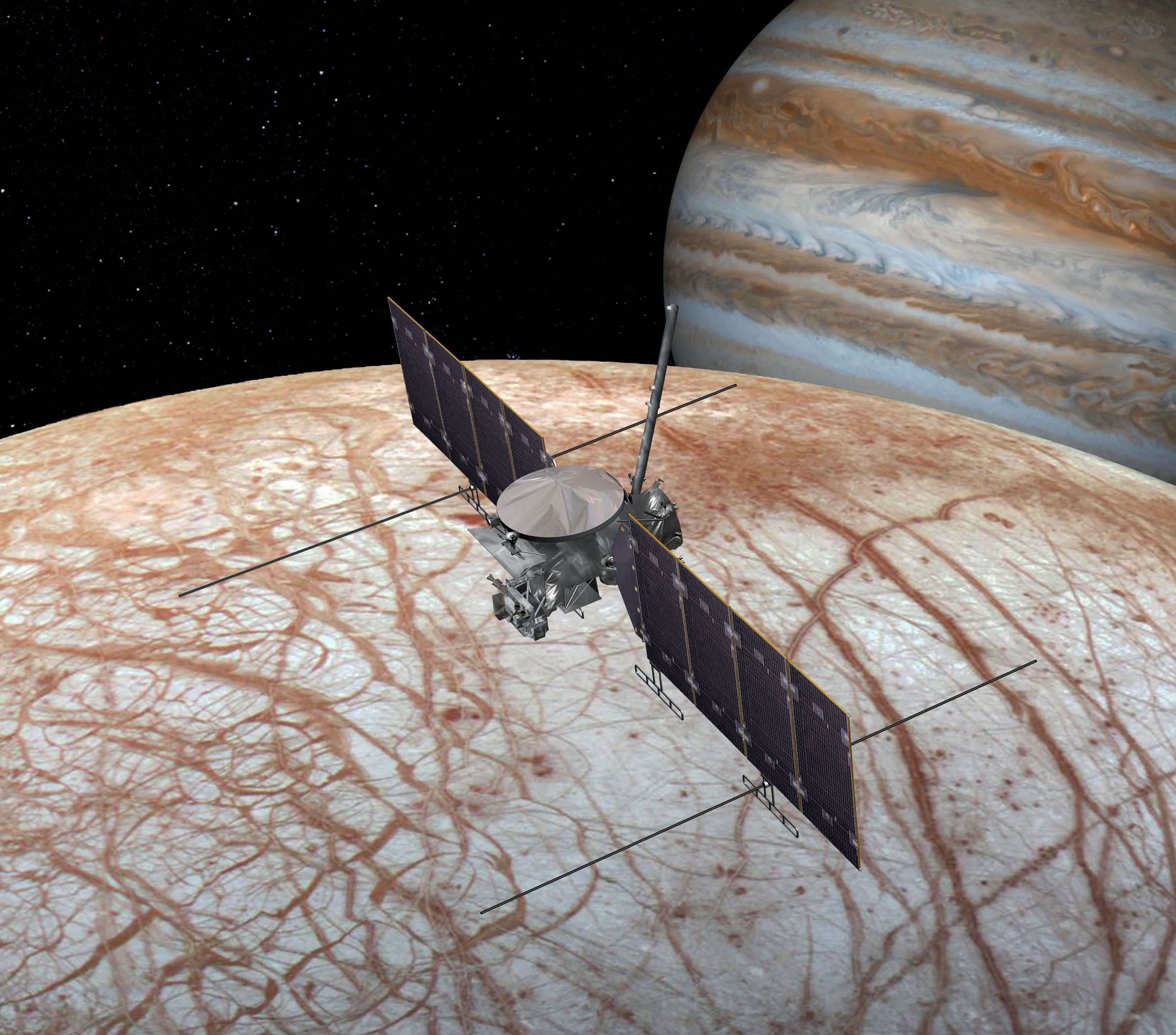 An artistic rendering of what the Europa Clipper spacecraft will look like