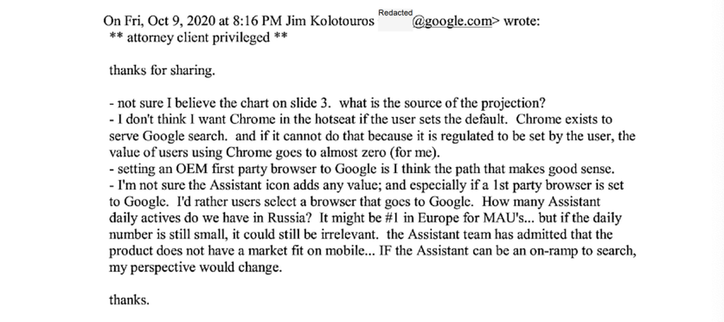 A screenshot of an internal Google email sent from Google’s Jim Kolotouros.