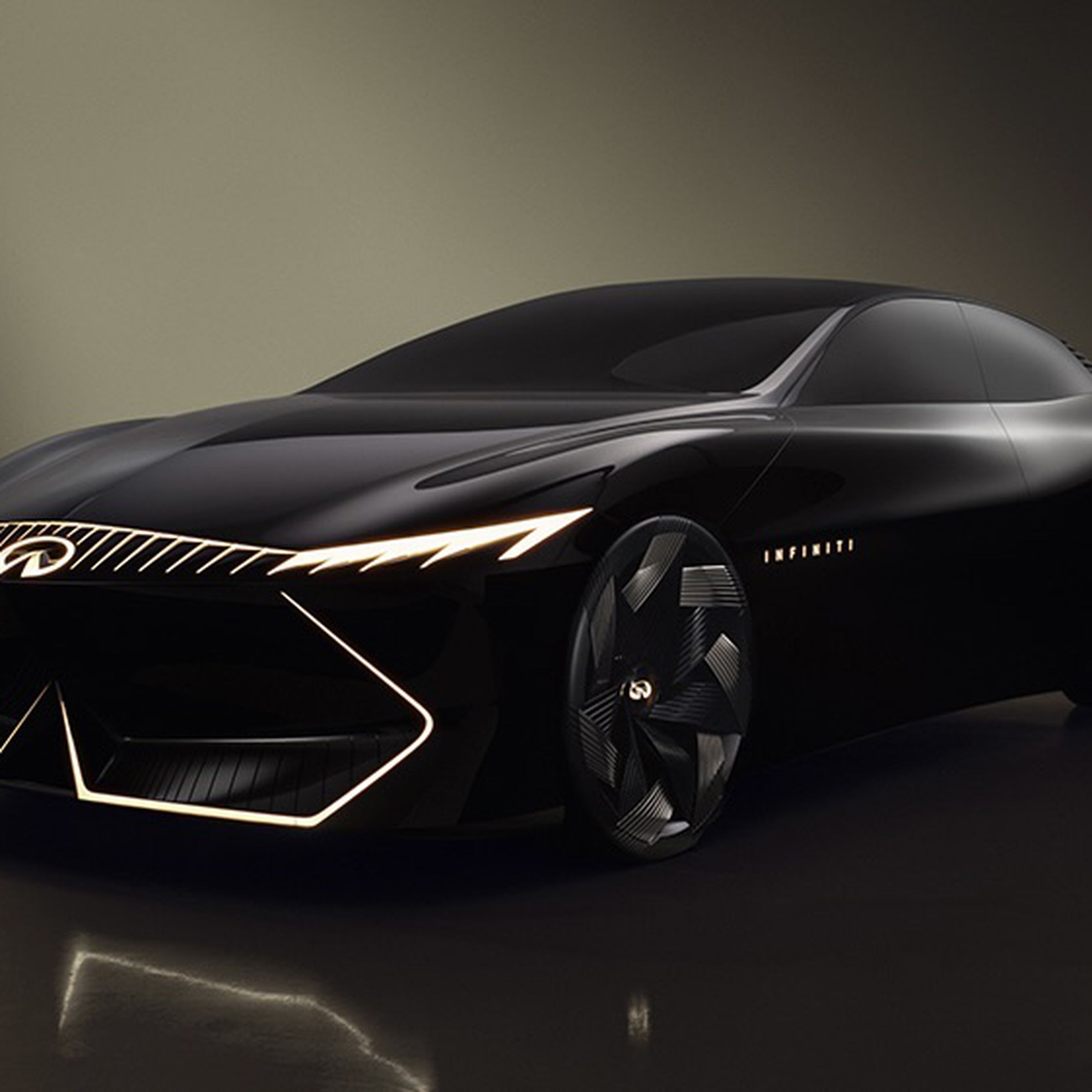 infiniti sporty sedan concept, black in color with front lined in LED