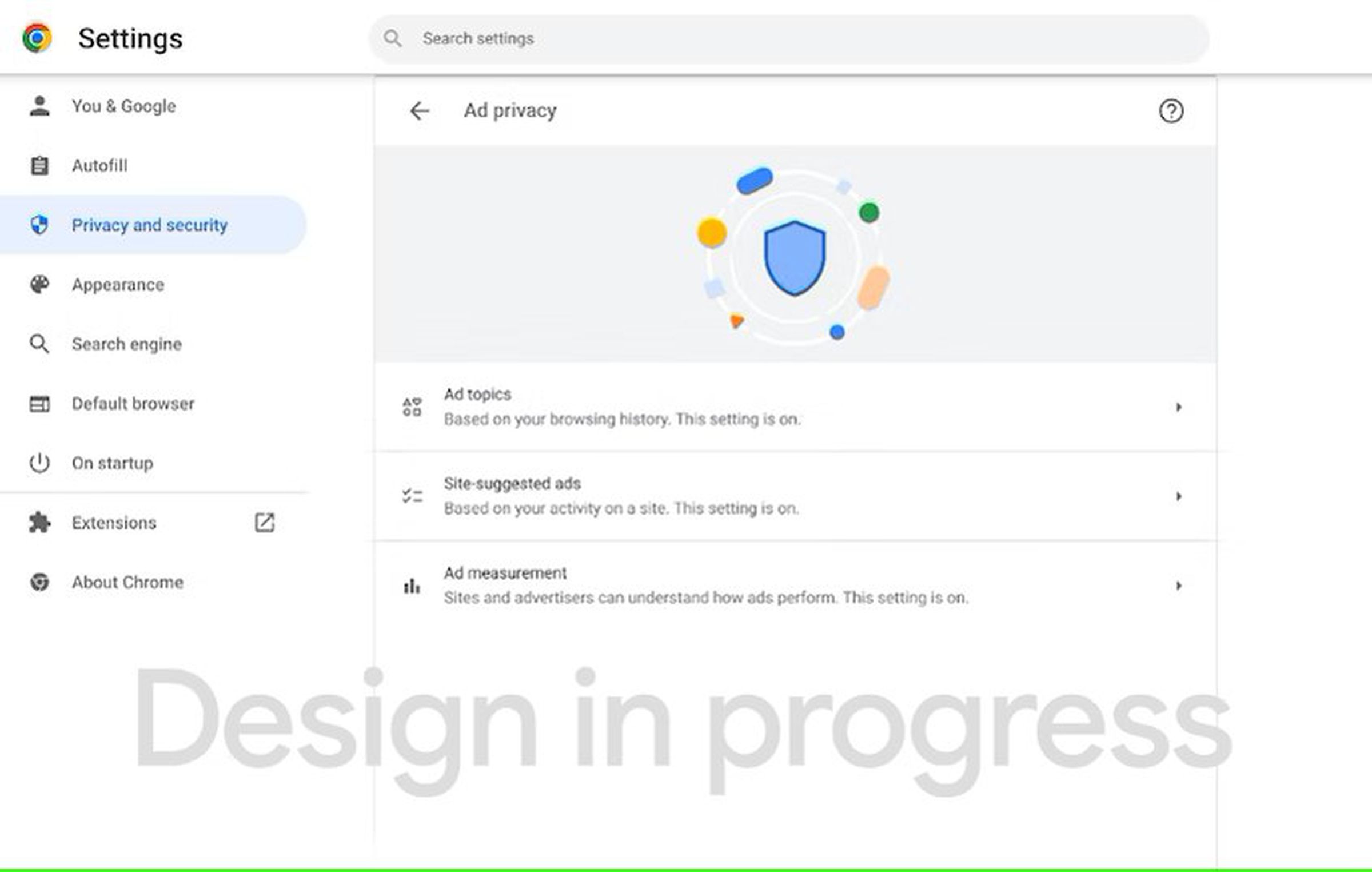 Chrome “Design in progress” screenshot of privacy settings.