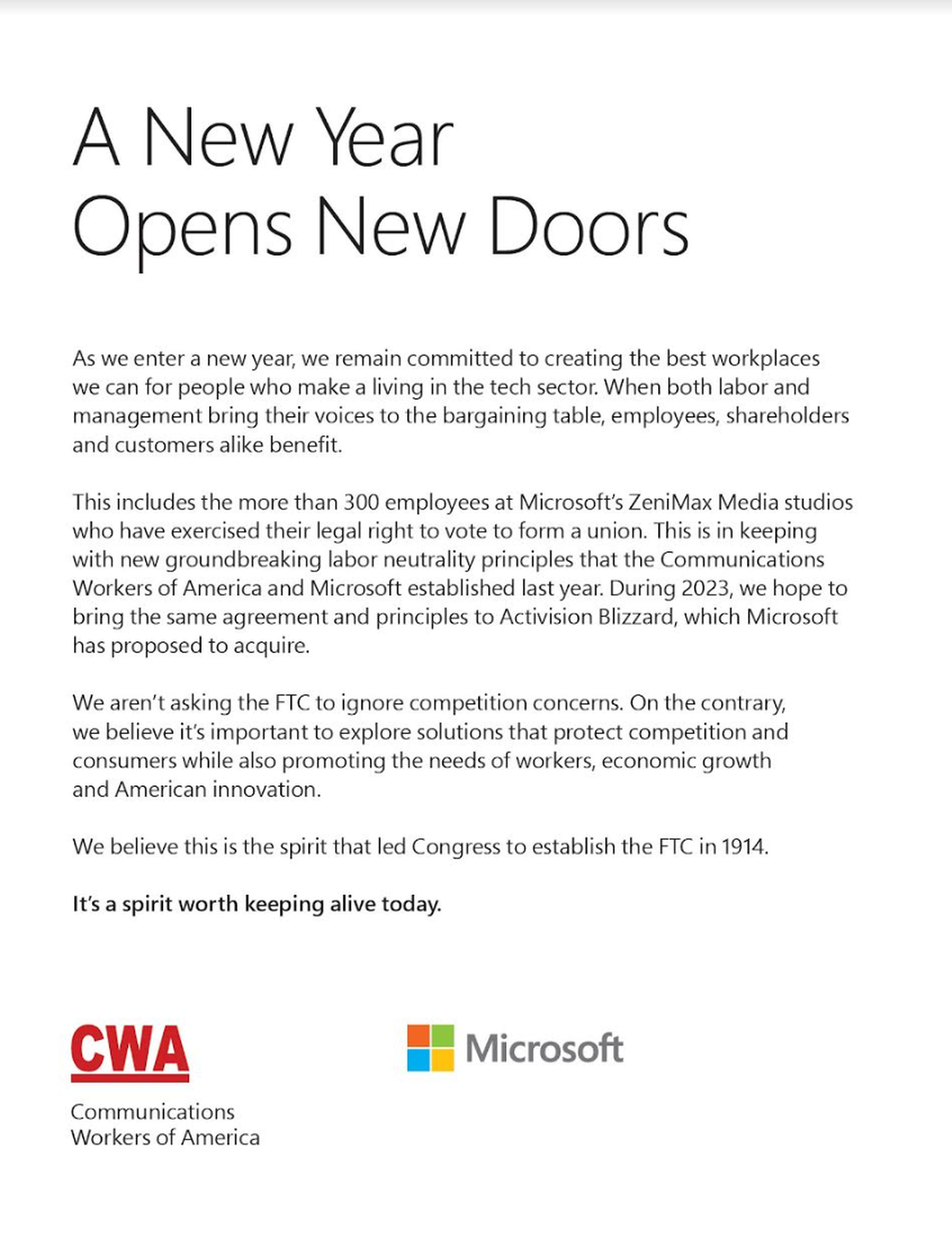 Microsoft and the CWA’s ad in The Washington Post.