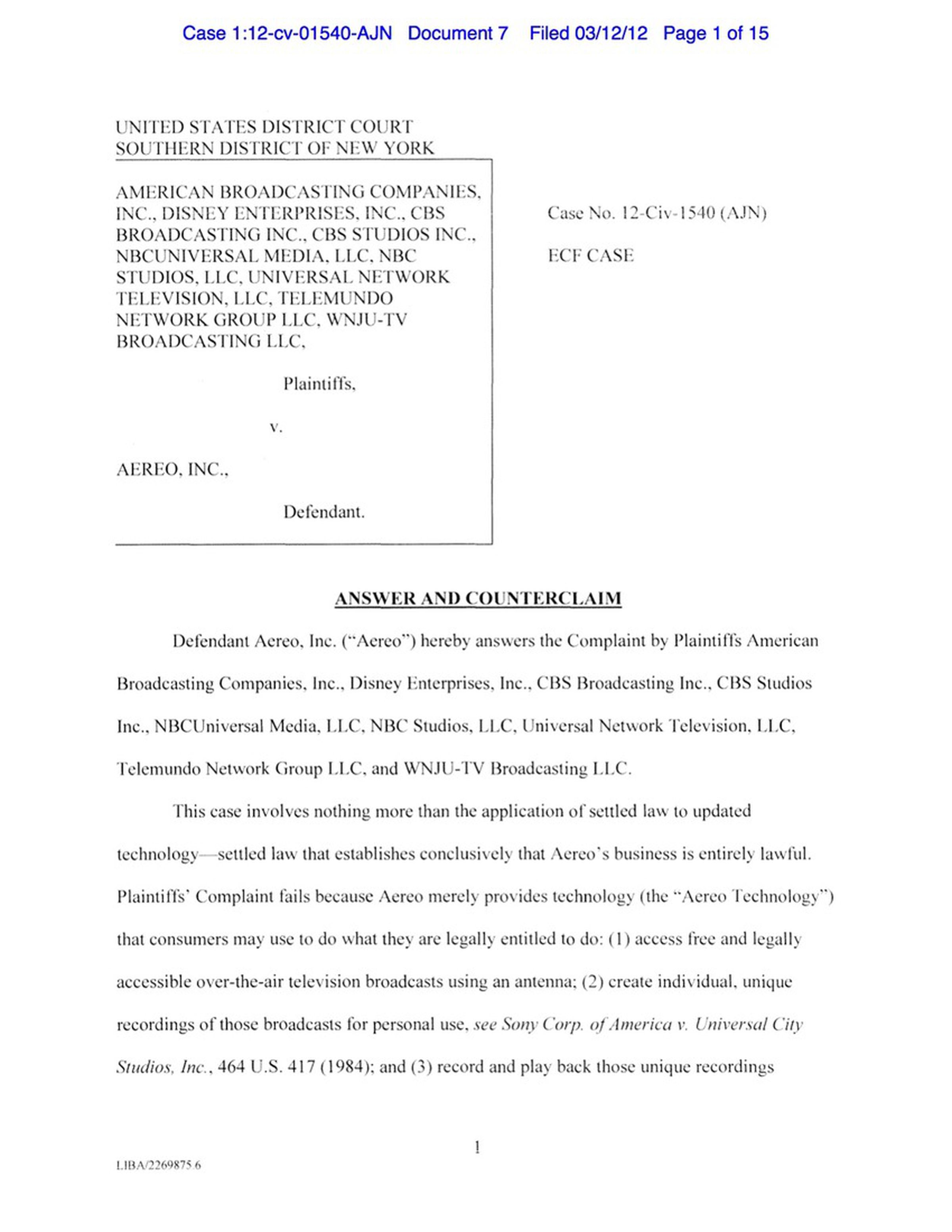Aereo's countersuit against Disney, NBC, CBS, and others