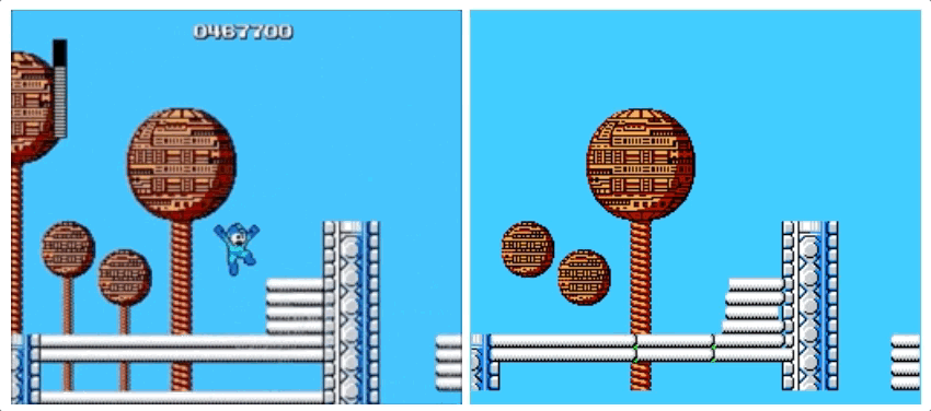 On the left is the original Mega Man; on the right is the AI-powered reconstruction.
