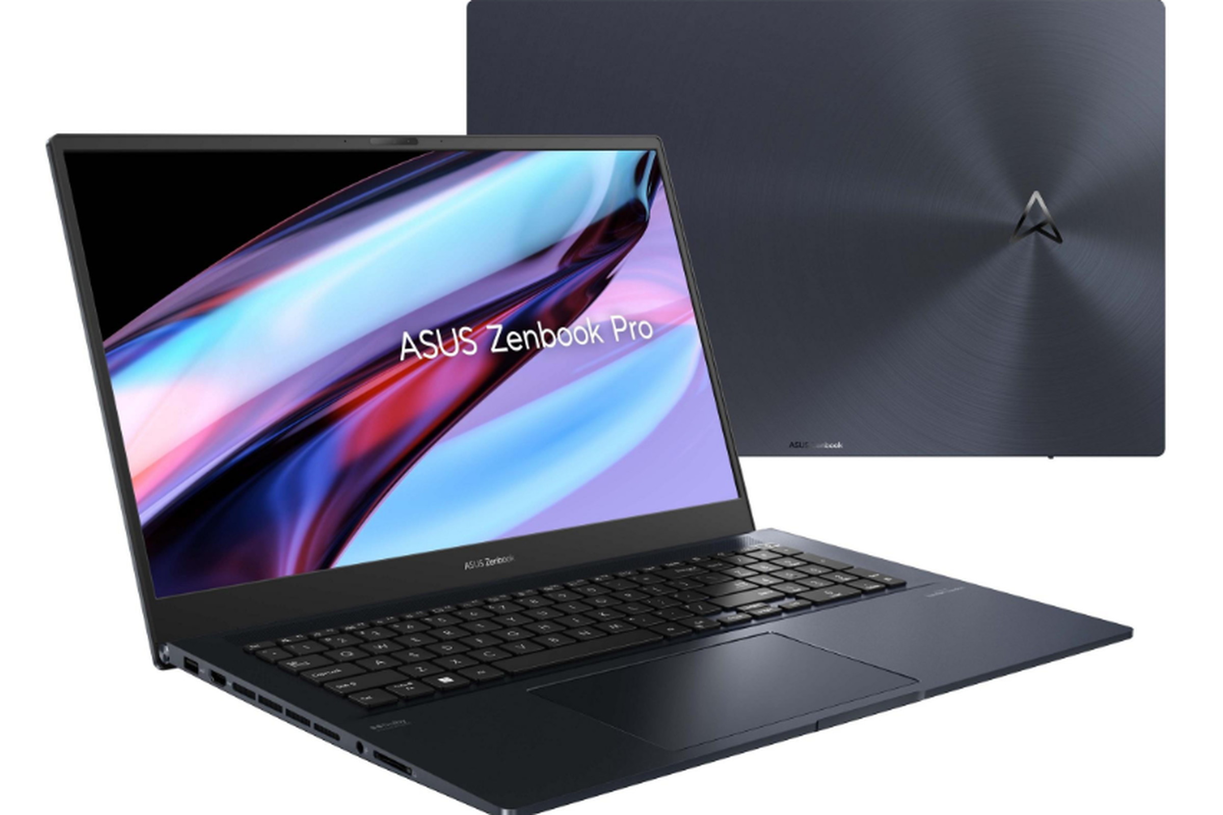 Two Asus Zenbook Pro 17 models on a white background, one open, one closed with the lid facing the camera.