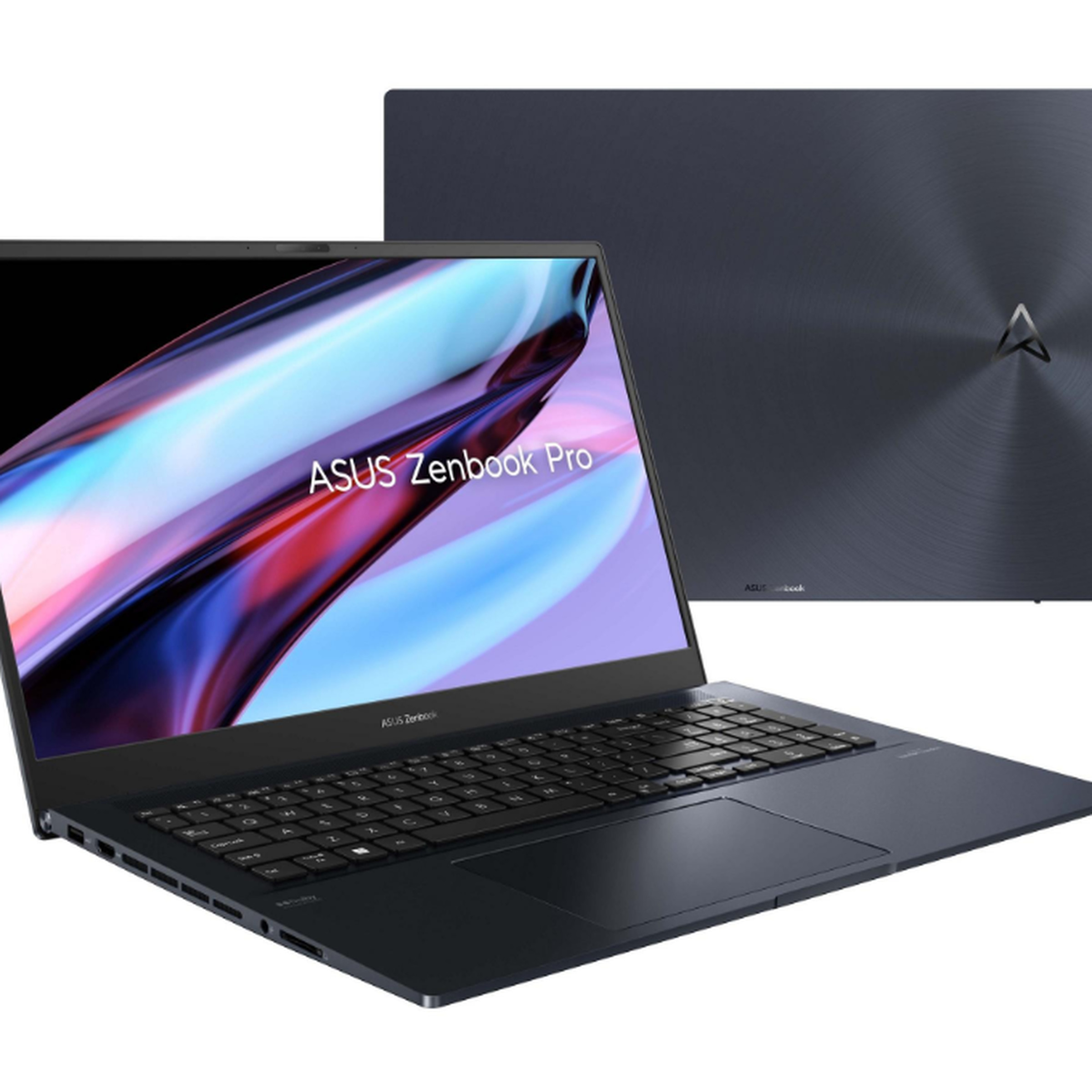 Two Asus Zenbook Pro 17 models on a white background, one open, one closed with the lid facing the camera.