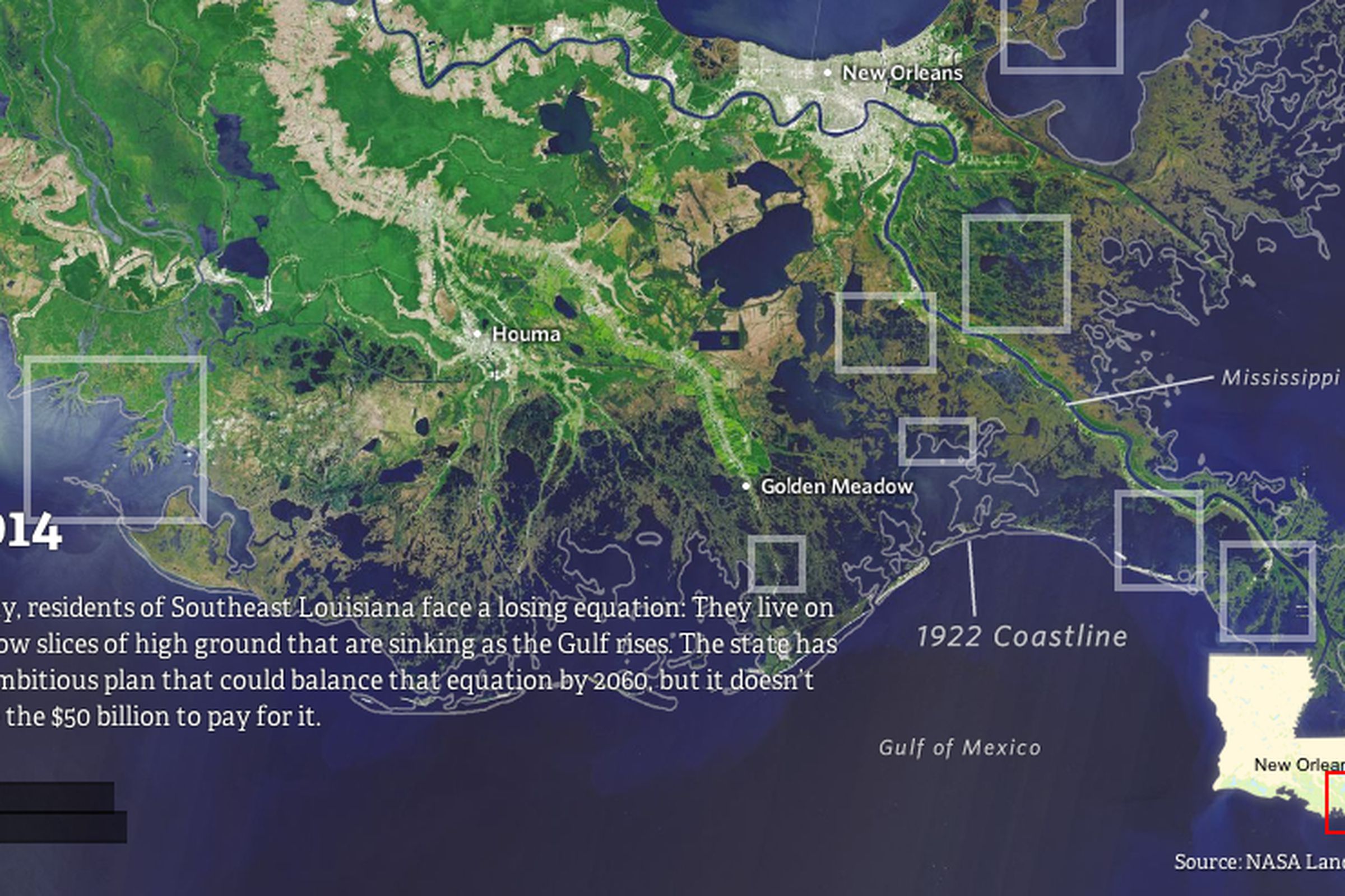 Screenshot of ProPublica's comprehensive map investigation into the effects of rising seas on coastal Louisiana