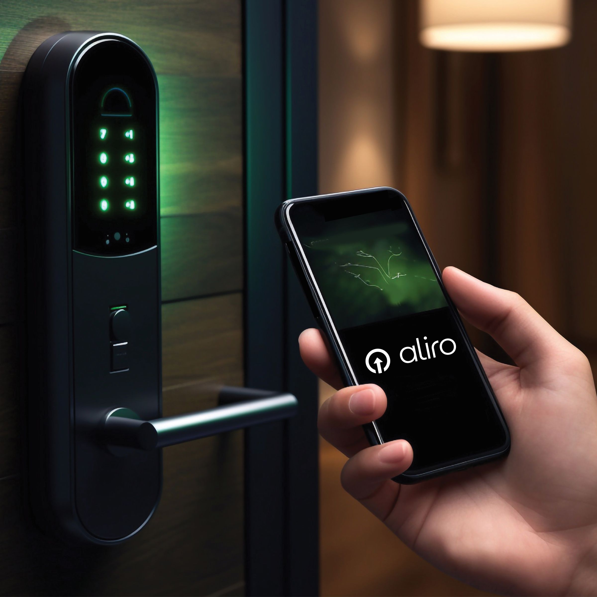 A hand holding a phone next to a smart door lock.