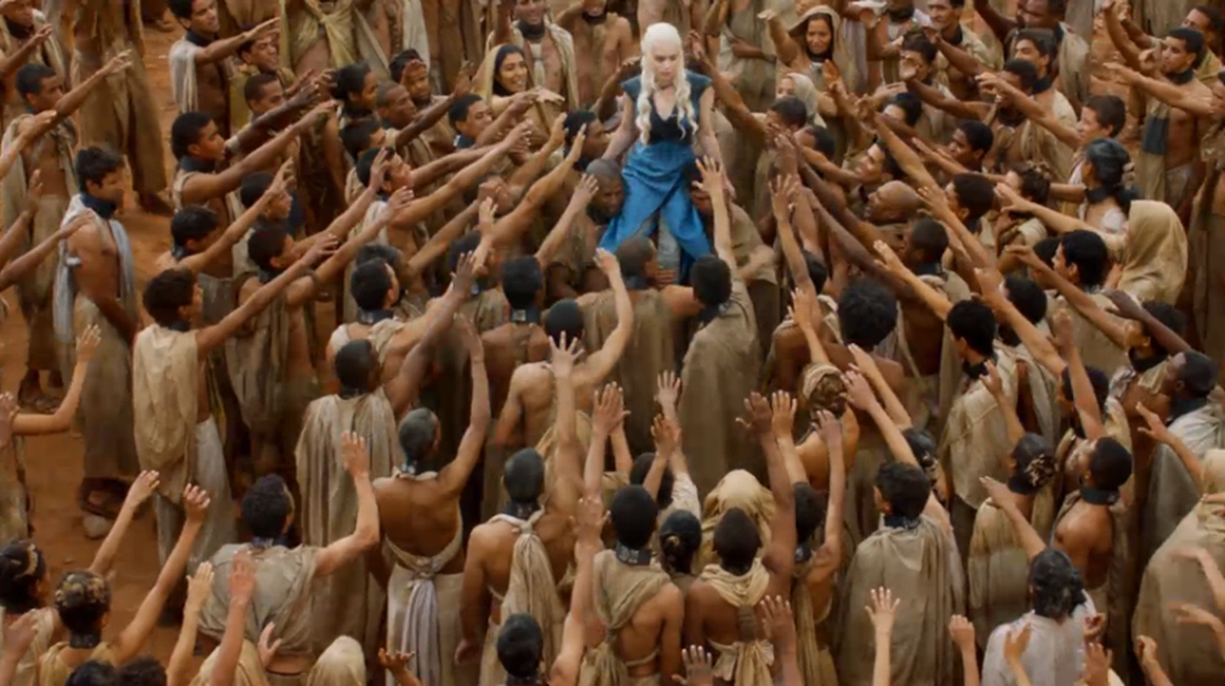 A problematic scene from Game of Thrones where Daenerys is presented as the savior of some of the only people of color on the show.