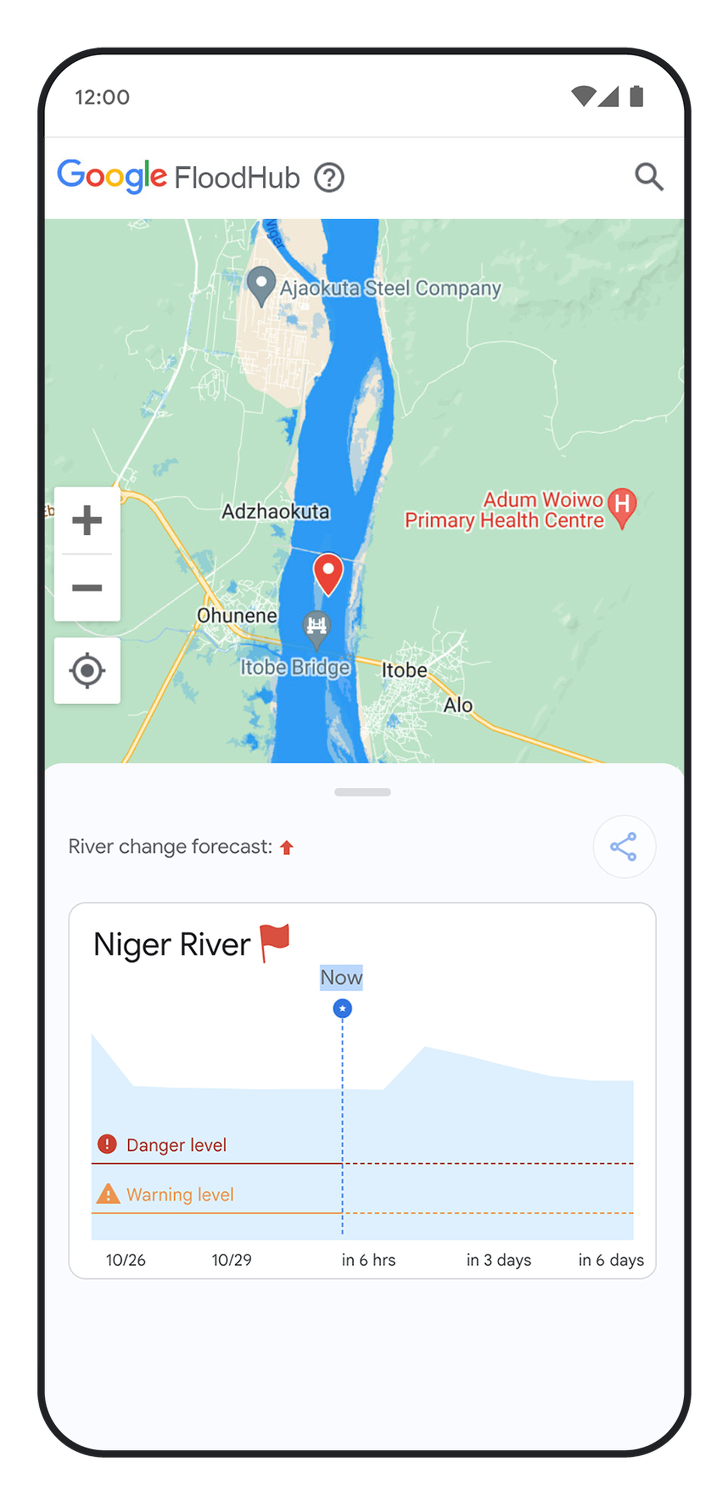 Une épingle sur la carte Flood Hub de Google, à côté d'une fenêtre contextuelle avec un graphique des prévisions d'inondation.