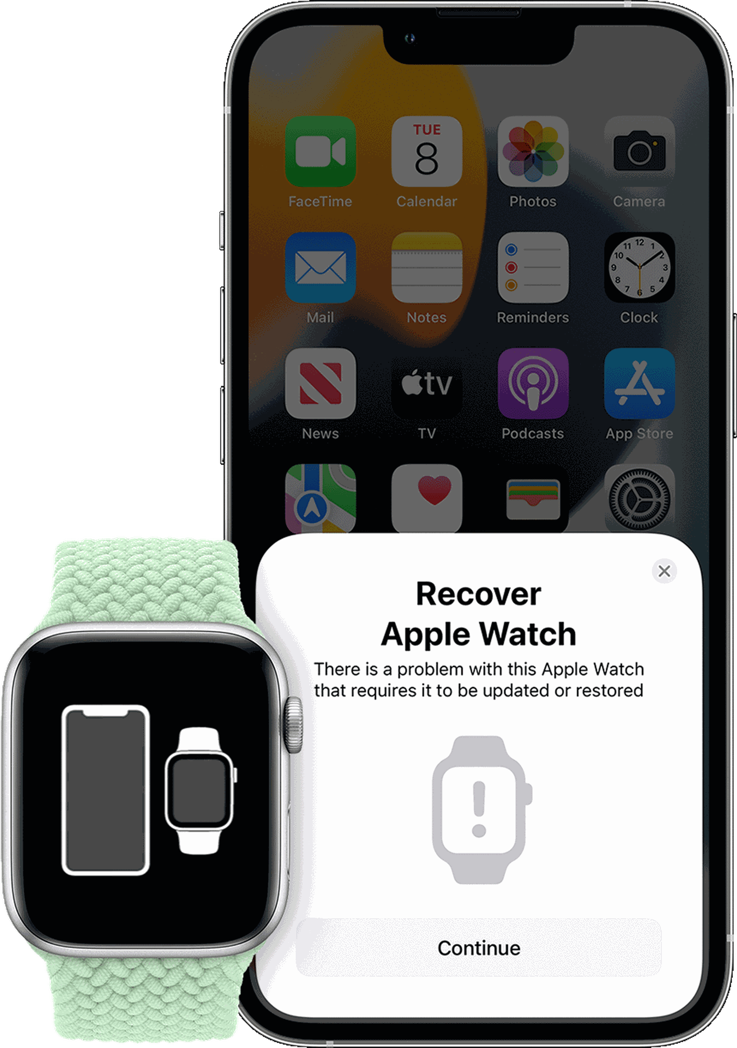 A screenshot showing a Watch in recovery mode, and the prompt that’ll appear on the phone.
