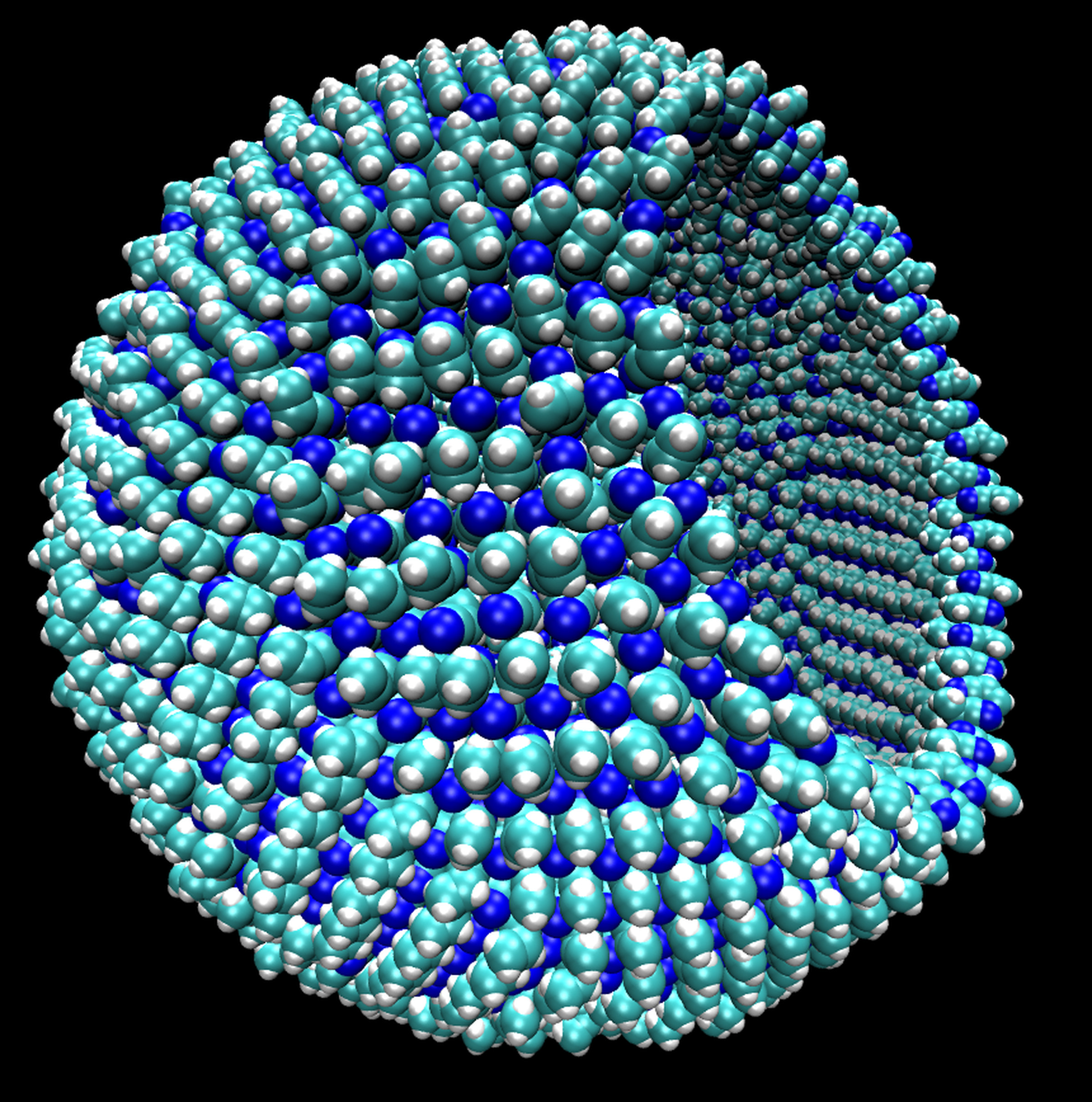 A computer model of a theoretical membrane that could exist on Titan, made of vinyl cyanide.