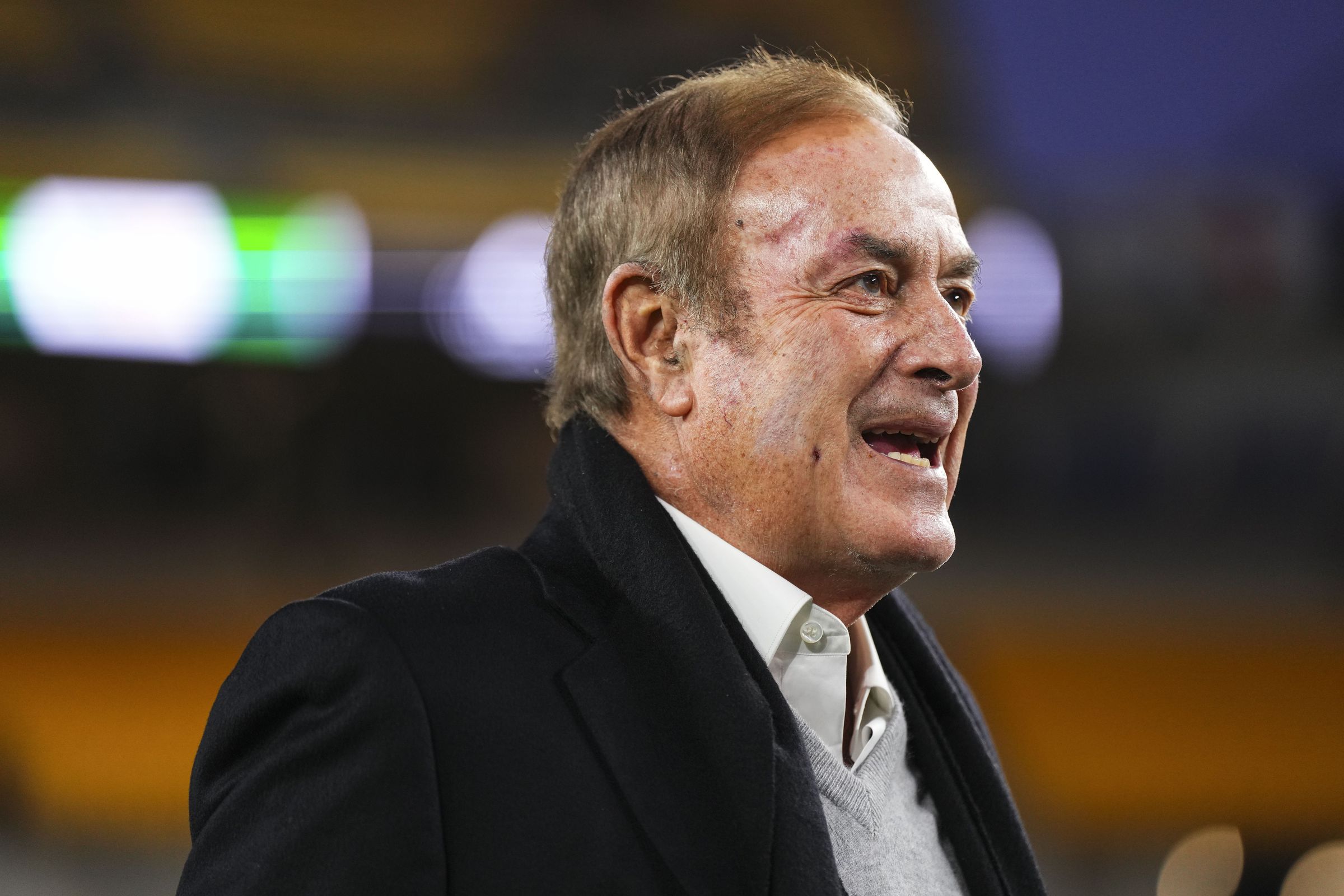 Al Michaels looks on from the sideline prior to an NFL football game between the Tennessee Titans and the Pittsburgh Steelers at Acrisure Stadium on November 2nd, 2023, in Pittsburgh, Pennsylvania.