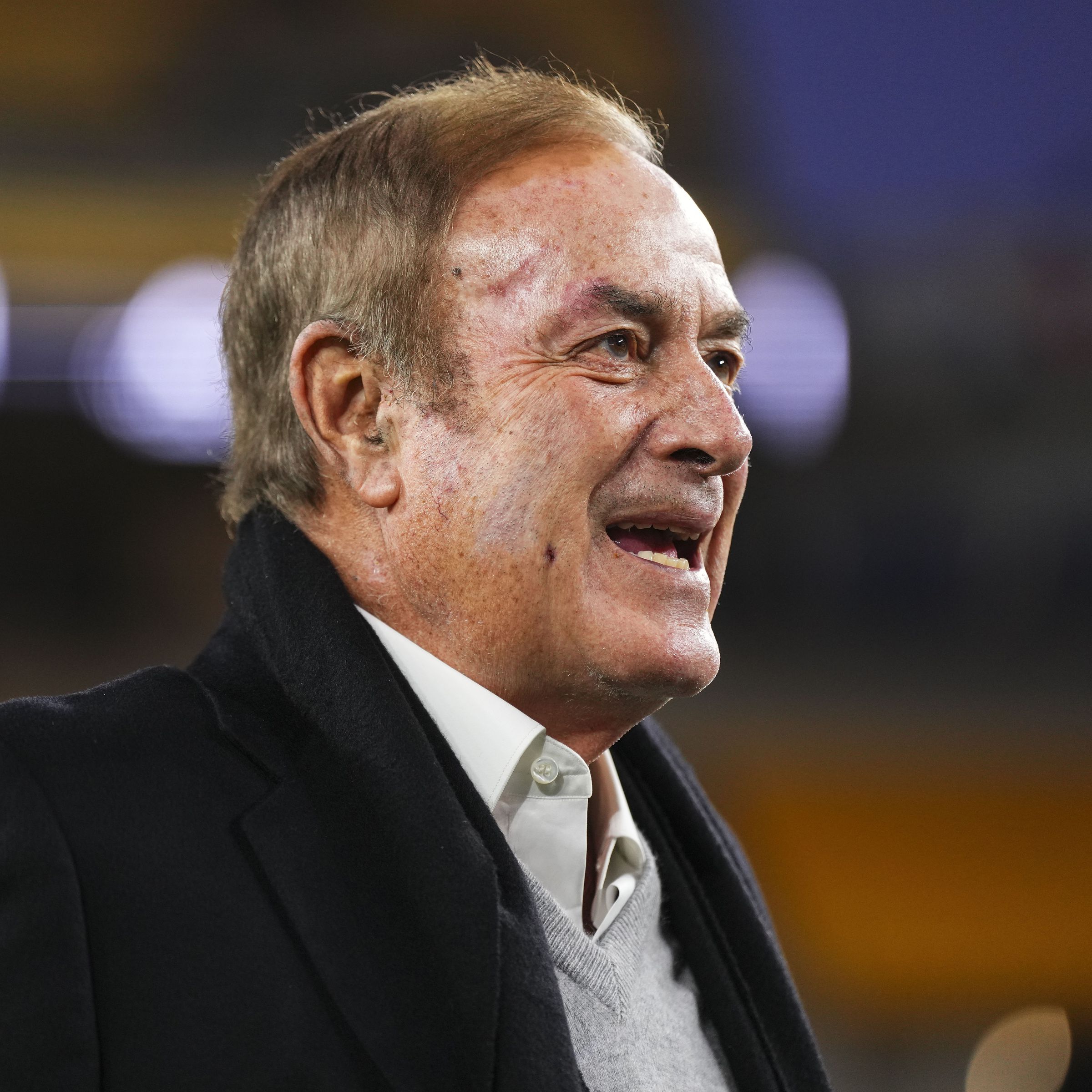 Al Michaels looks on from the sideline prior to an NFL football game between the Tennessee Titans and the Pittsburgh Steelers at Acrisure Stadium on November 2nd, 2023, in Pittsburgh, Pennsylvania.
