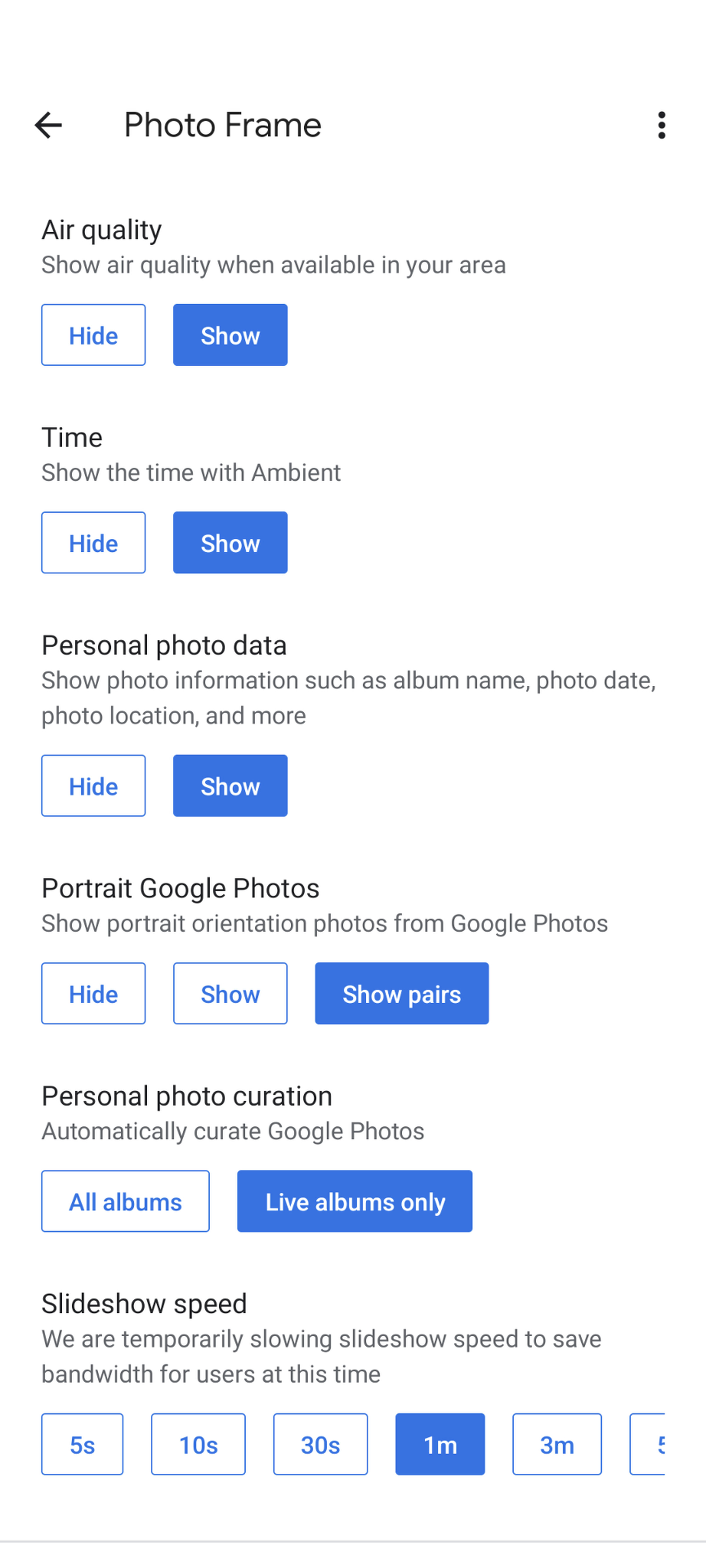 The Google Home app provides settings for controlling your photo album slideshow.
