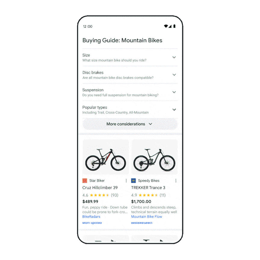 An animated GIF showing buying guides for bikes on Google Search