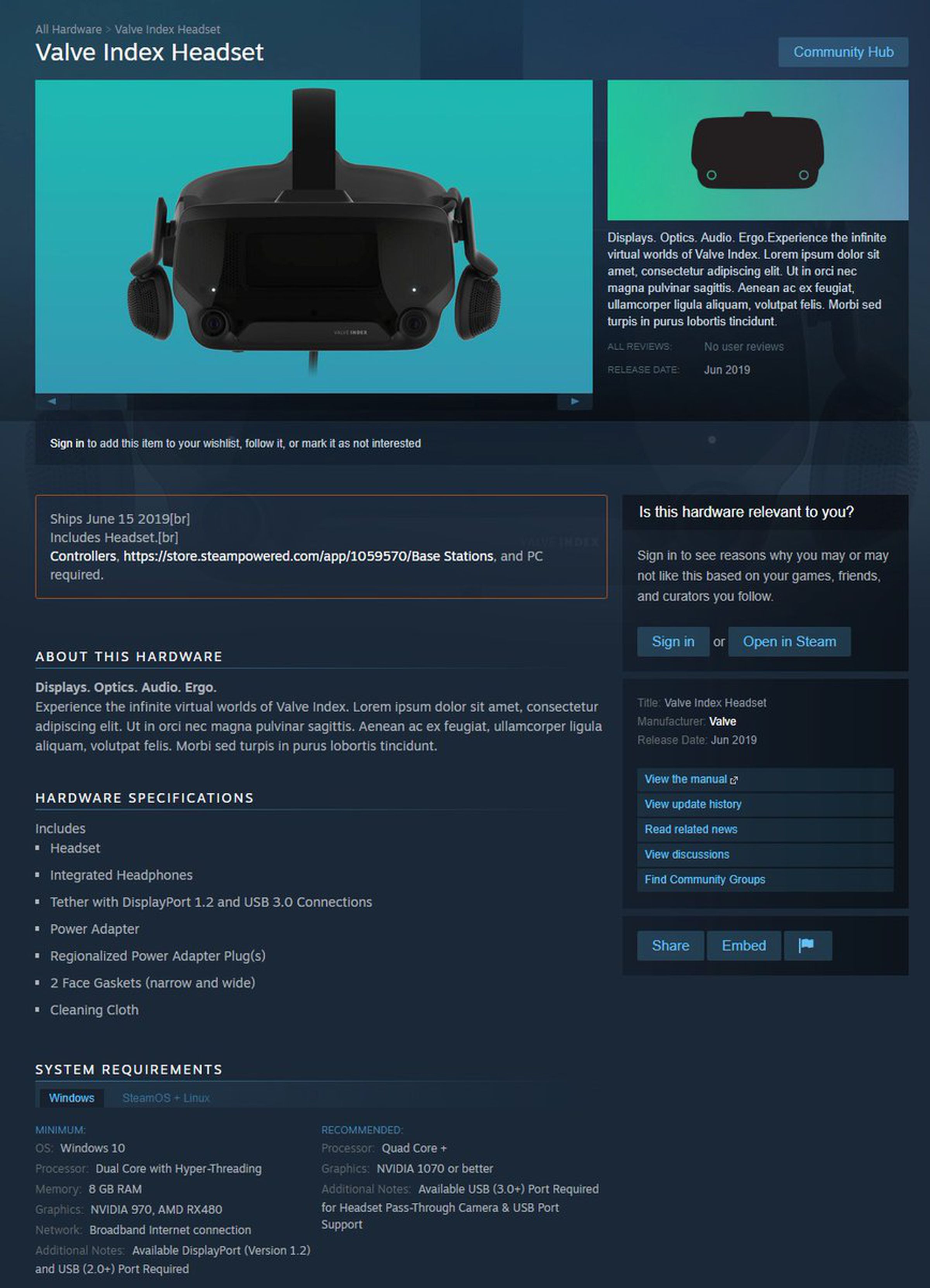 The Valve Index’s early product page.