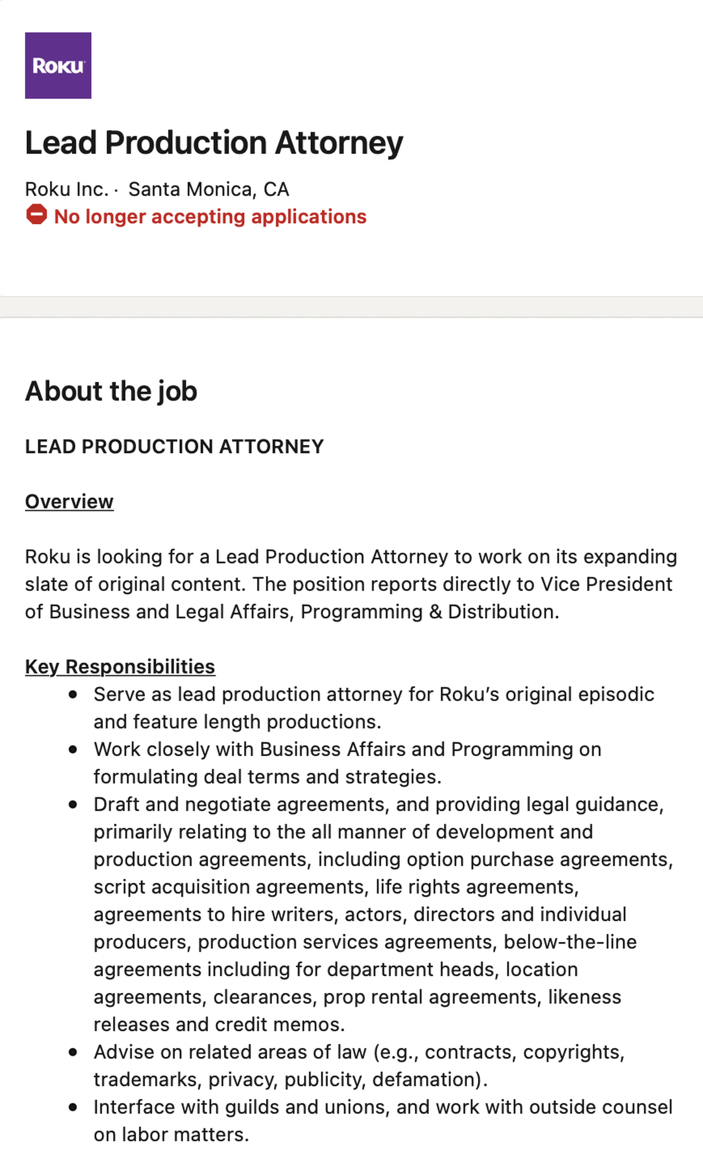 The job listing that mentions “original episodic and feature length productions.”