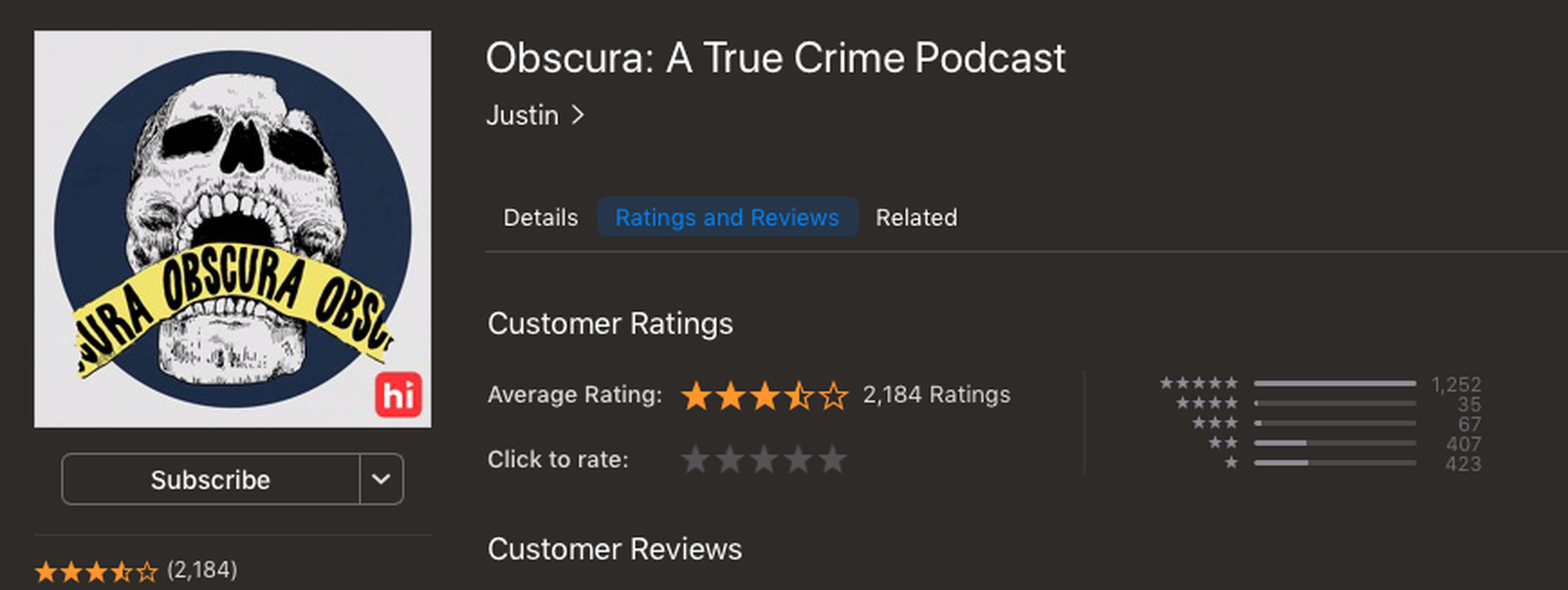 A screenshot of Drown’s Apple Podcasts page after the alleged review bombing