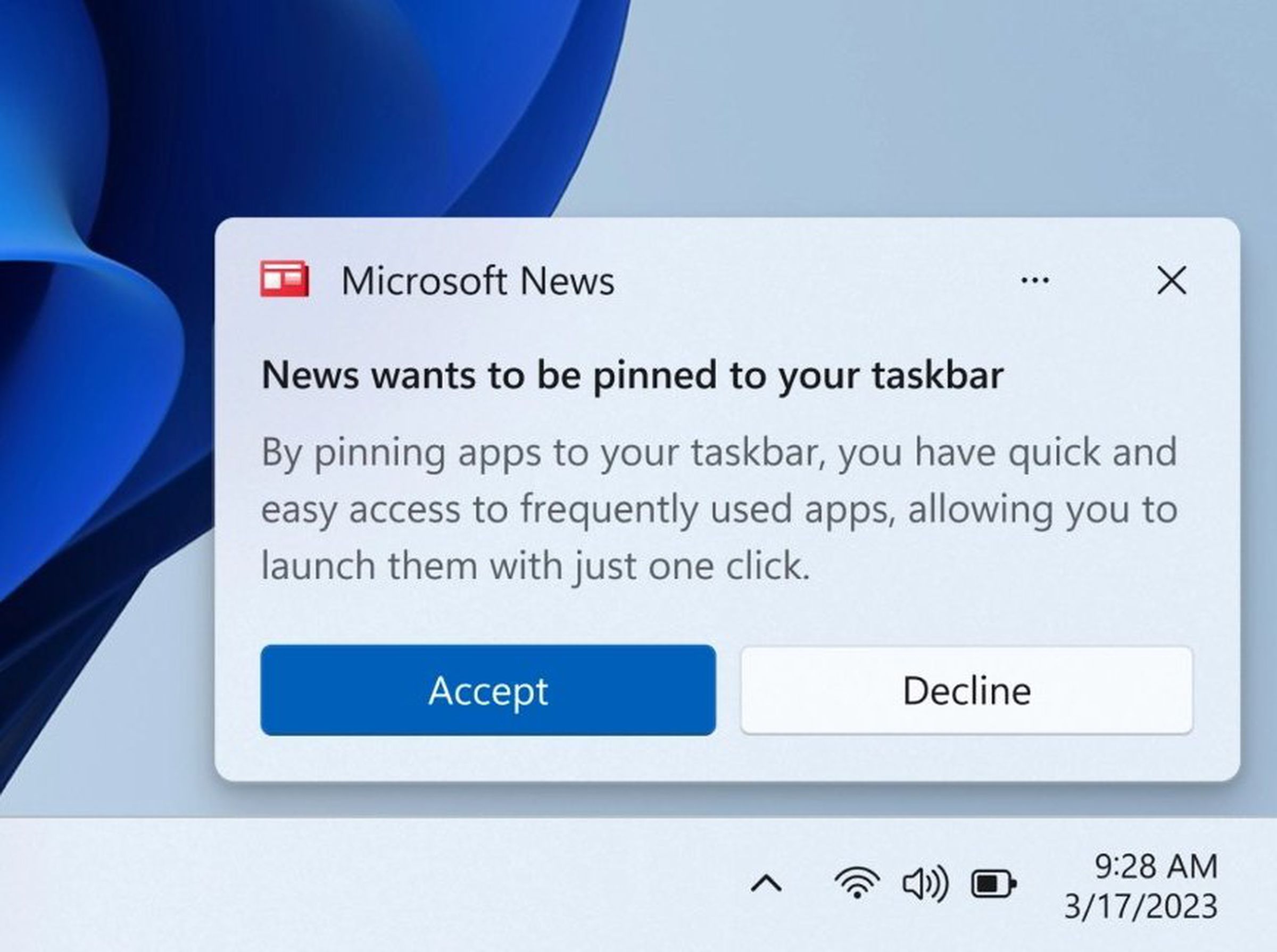 Microsoft’s nonfinal concept design for the button that would let you confirm pinning an app tile to your Windows taskbar.