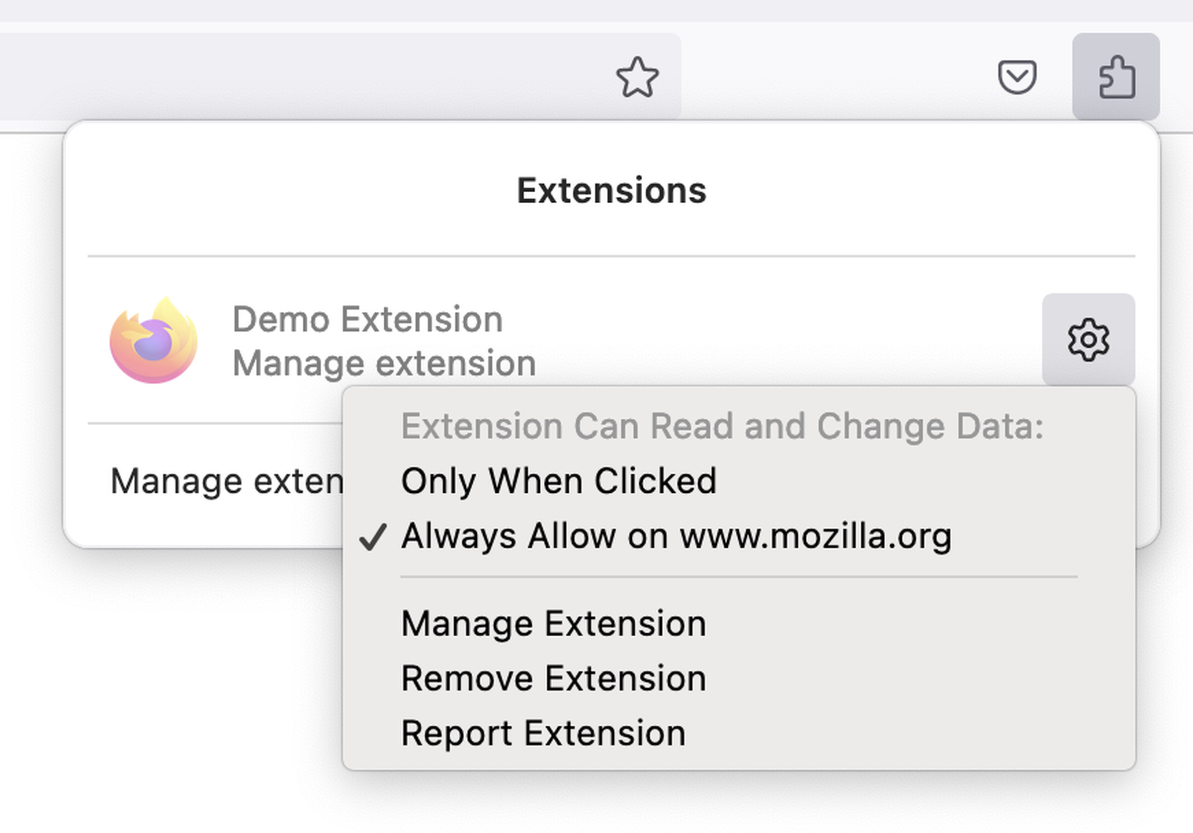 Screenshot of the extension settings menu provided by FireFox 109’s Extension button.