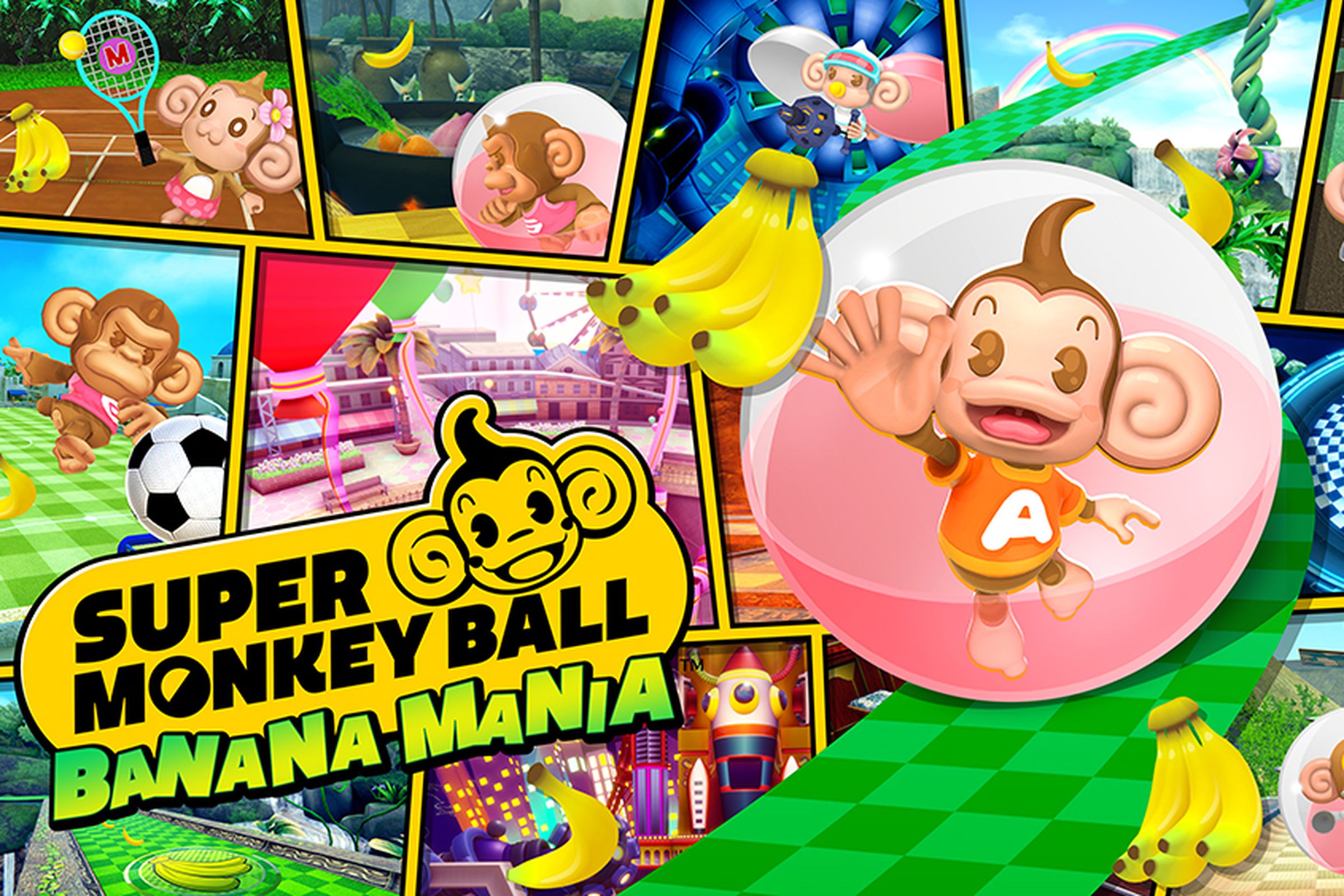 A collage of images from Super Monkey Ball Banana Mania.