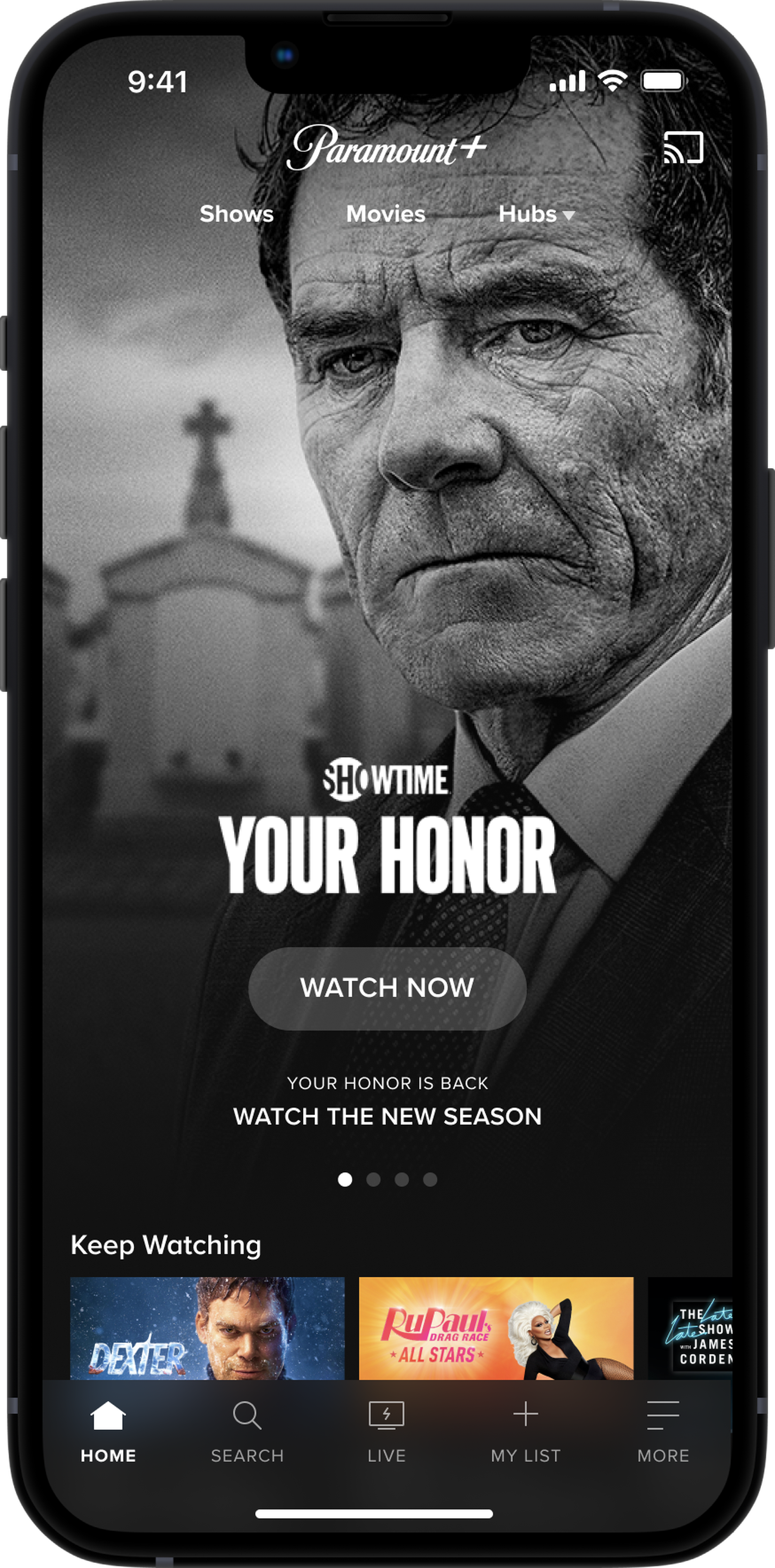 iPhone screen showing the paramount plus app highlighting the showtime series your honor