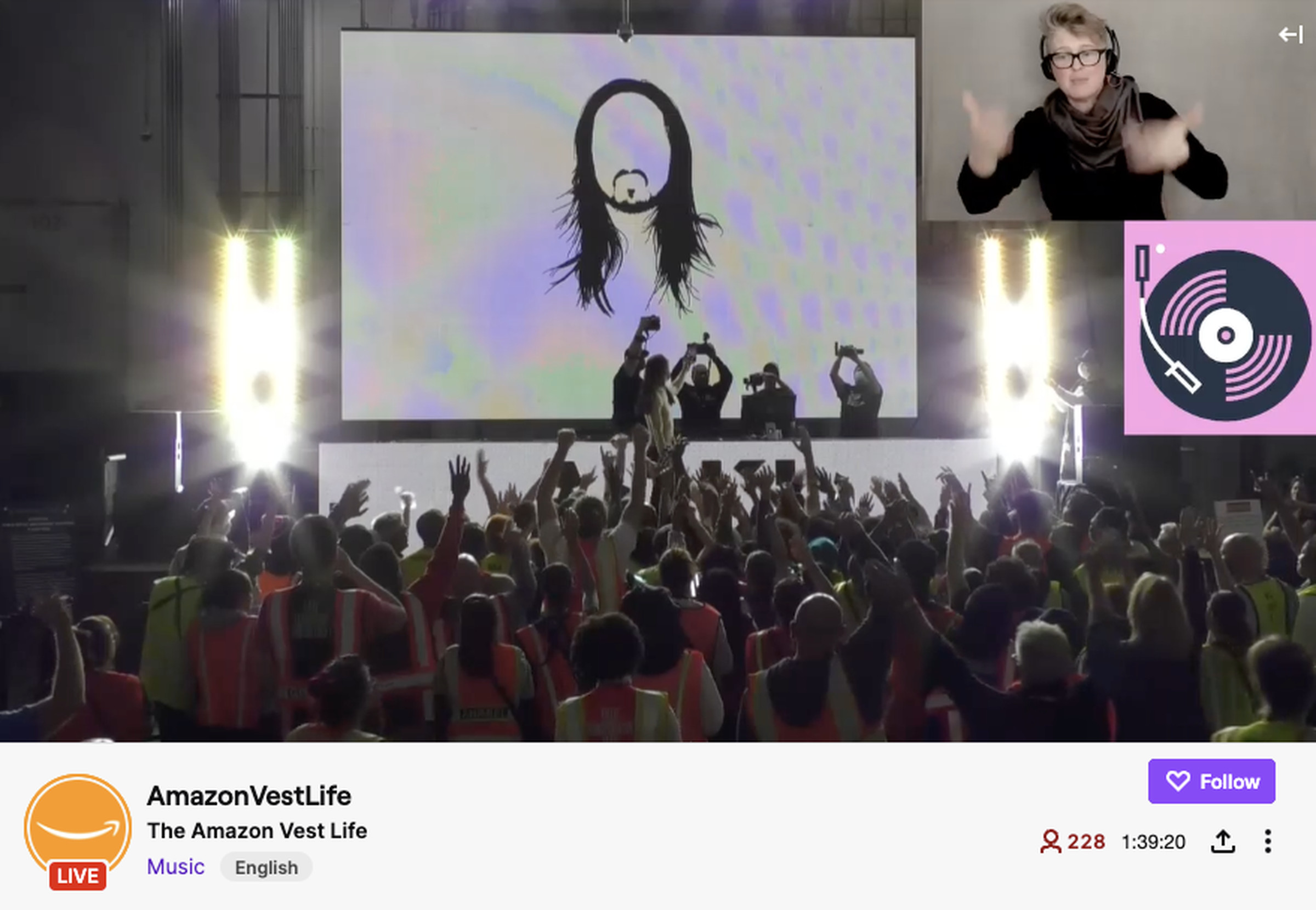 A screenshot from a Twitch stream of Steve Aoki performing for Amazon workers.