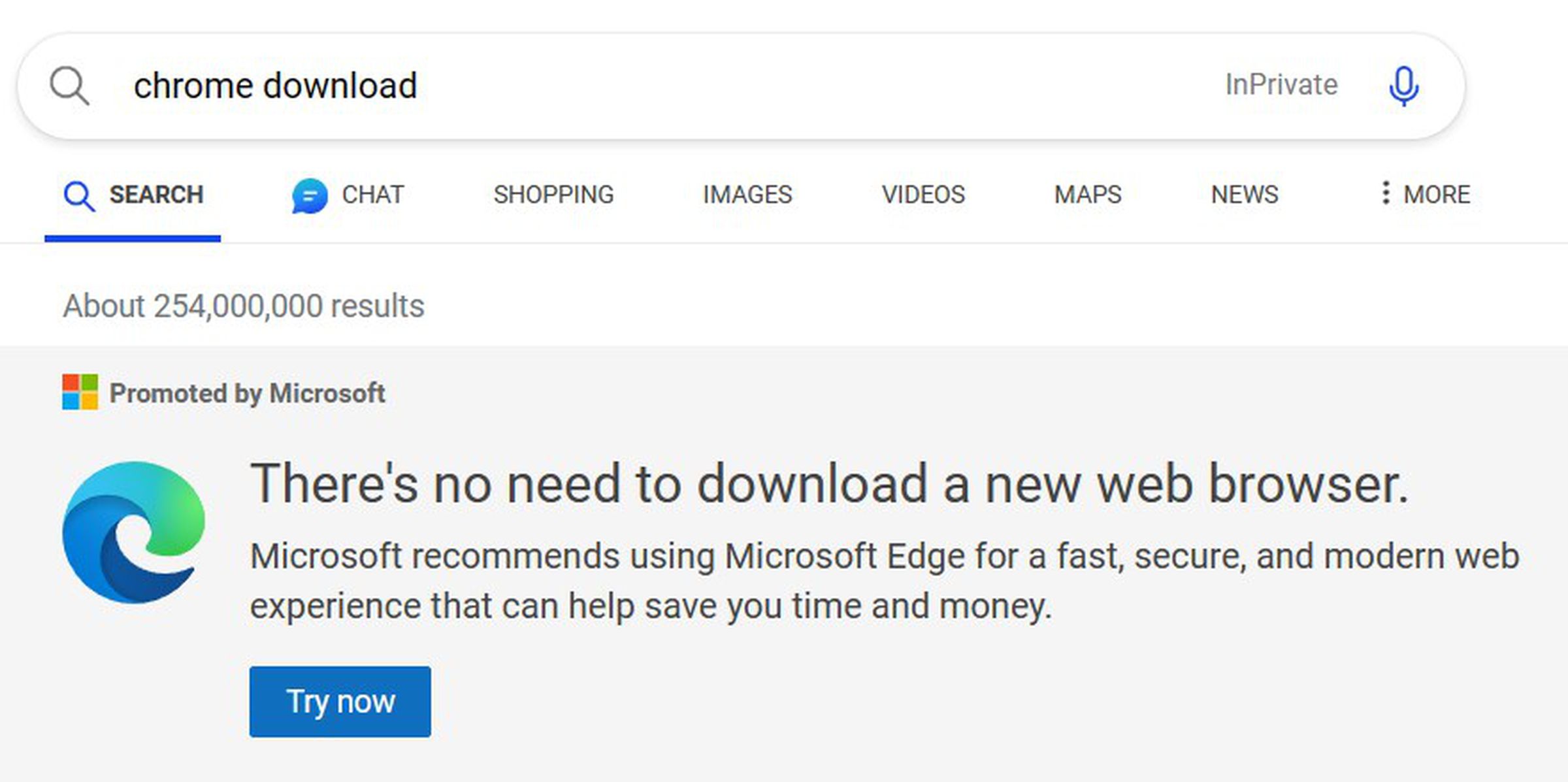 “There’s no need to download a new web browser,” reads the top of a search for “Chrome download” in Microsoft Edge.