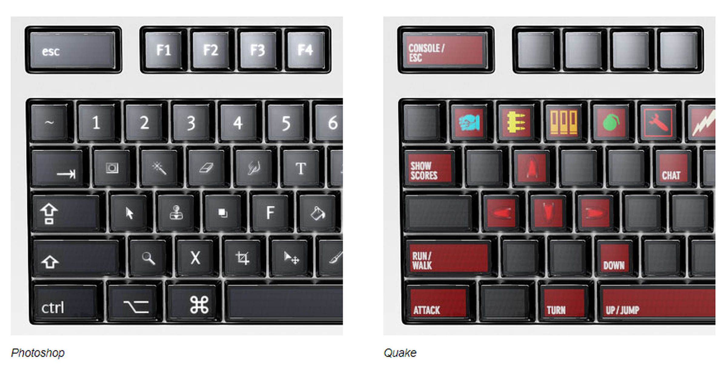 Left: a Photoshop layout. Right: a Quake layout with fewer keys used.