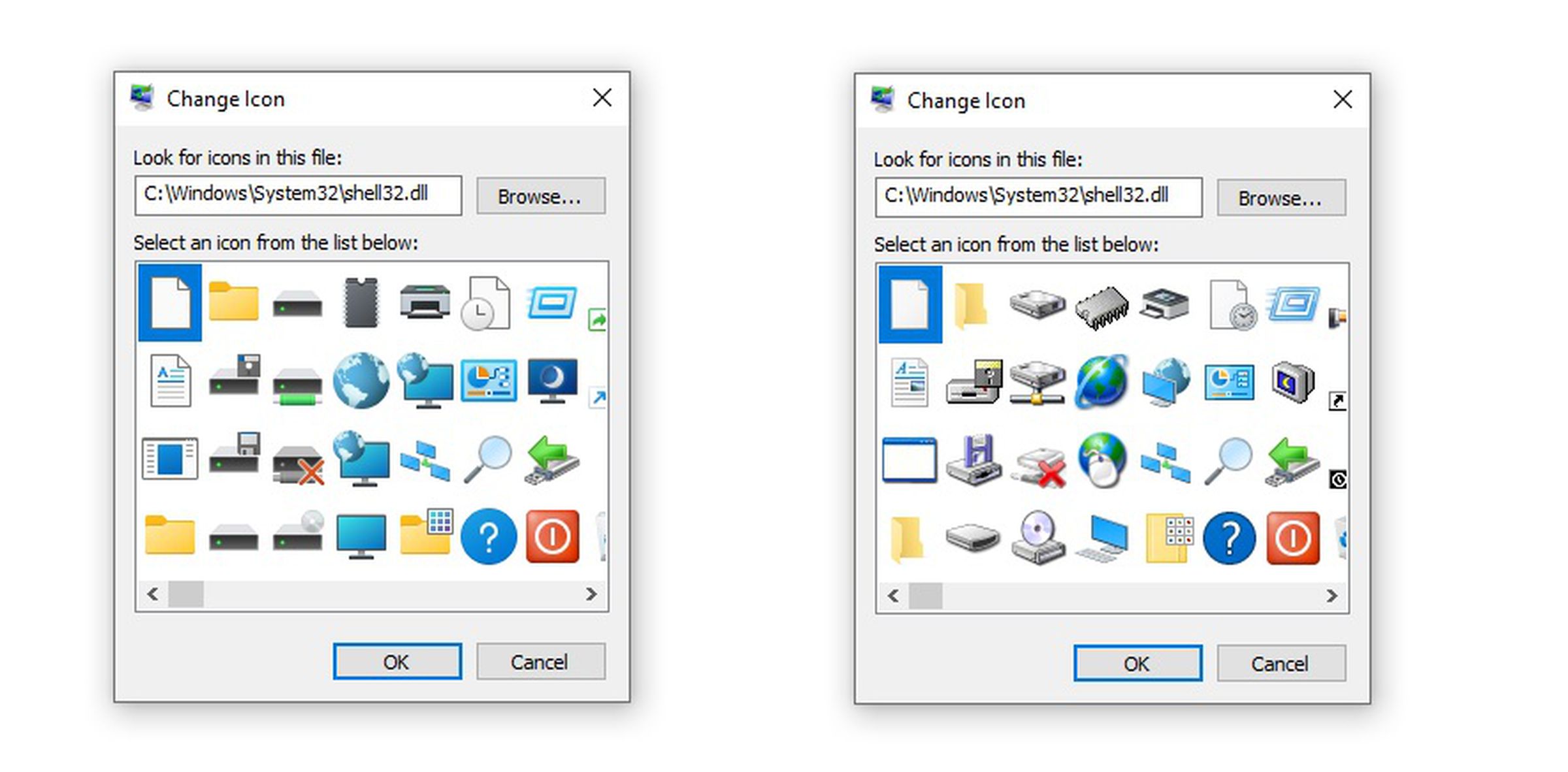 New vs. old Windows 95-era icons.