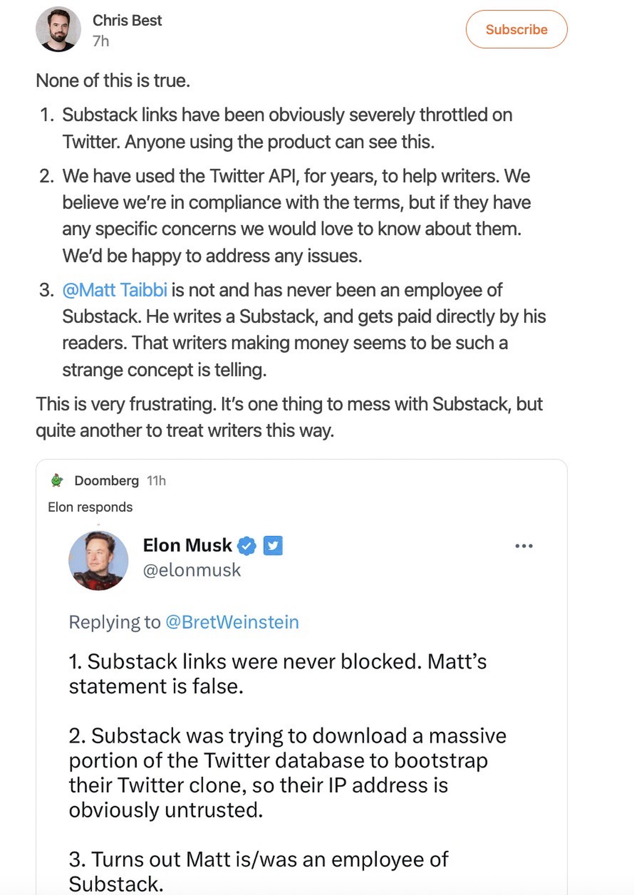 A screenshot of a Substack Notes post from CEO Chris Best, responding to a tweet from Elon Musk.