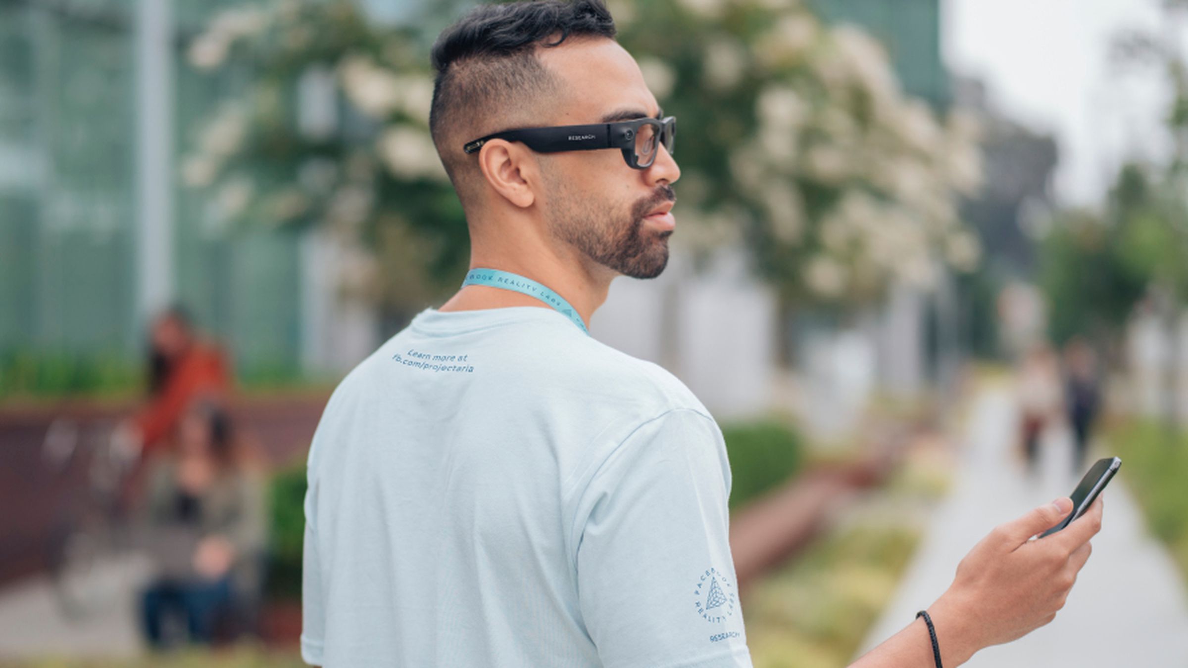 A prototype pair of Project Aria AR glasses Facebook will use to research AR technology, distinct from the Ray-Ban smart glasses it plans to release next year. 
