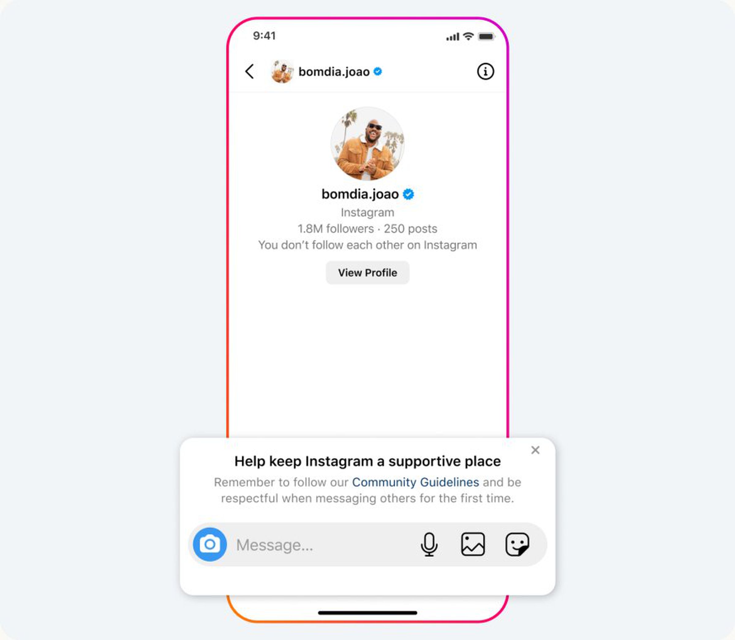 A mobile device displaying the start of a new direct message with a verified user. A message is asking the user to follow community guidelines and be respectful.