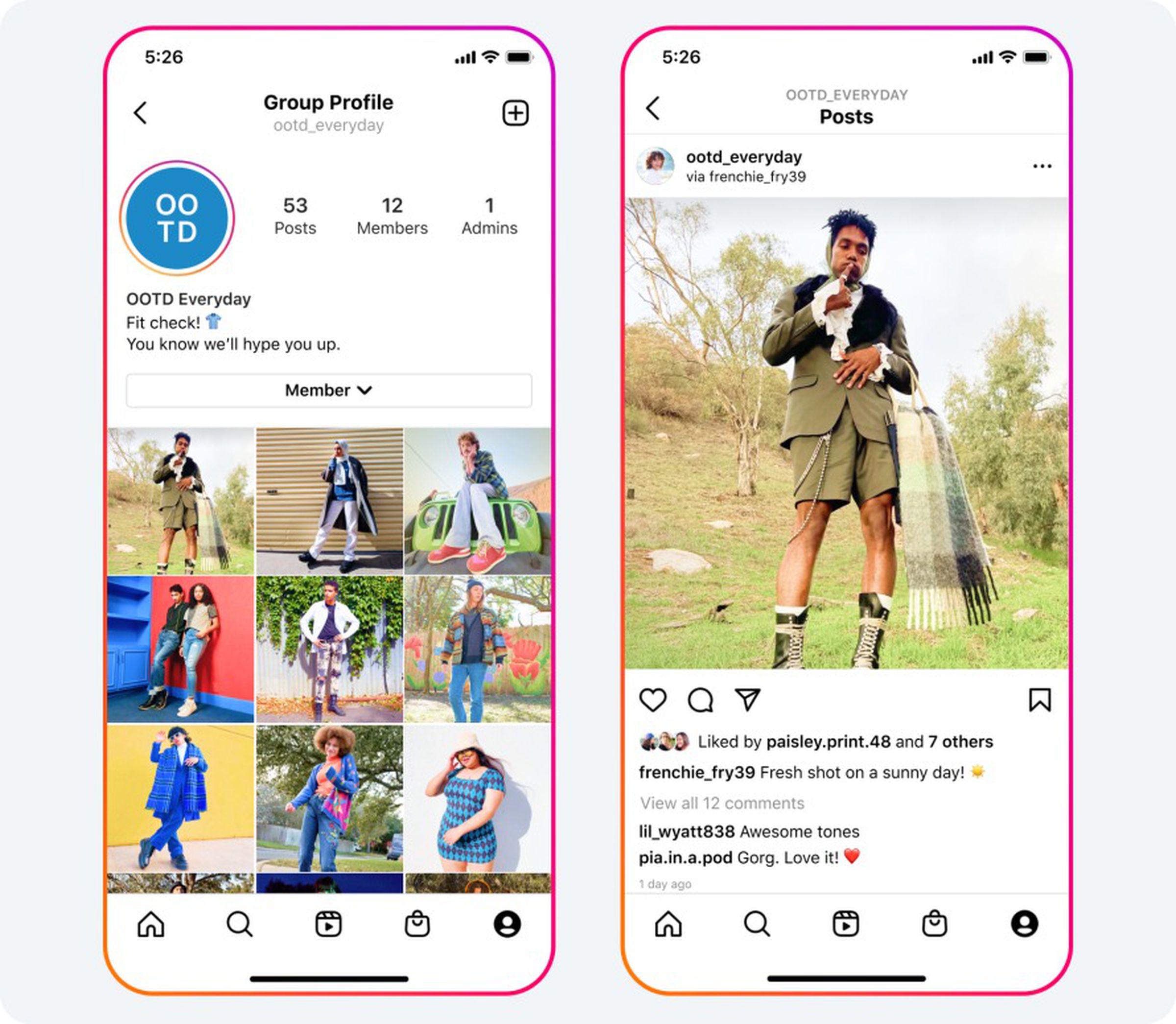 Yeni Grup Profilleri Instagram özelliğinin ekran görüntüleri.