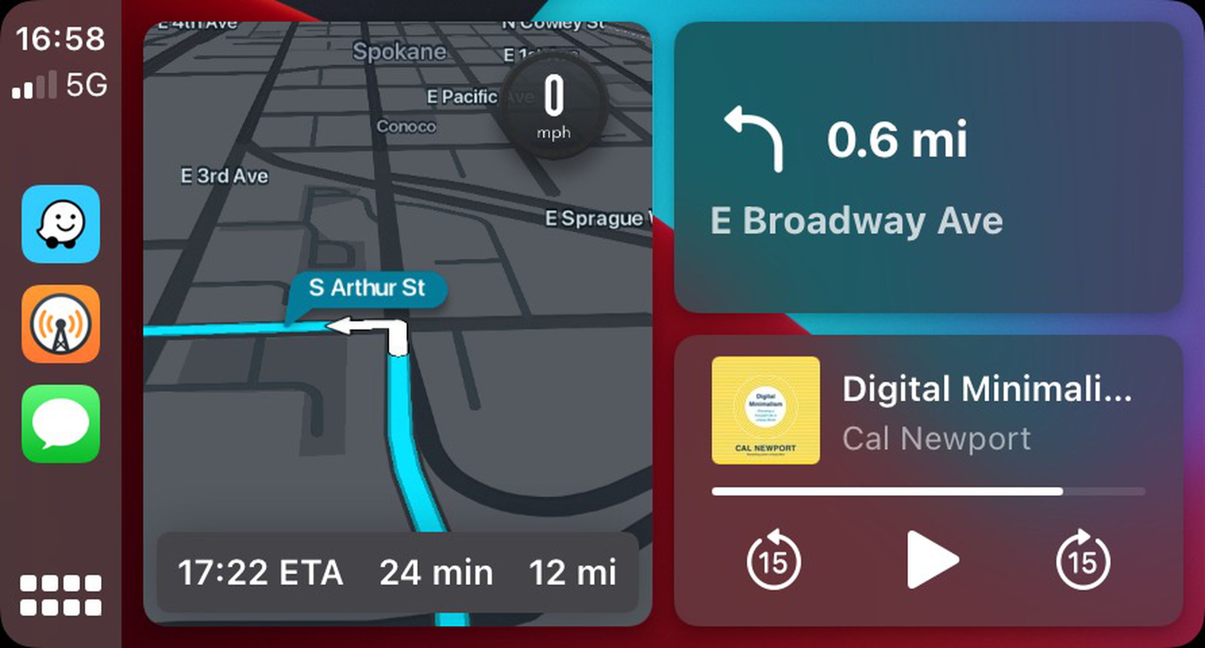 Screenshot of Apple CarPlay with Waze directions on the left half and top right of the screen, and media controls in the bottom left