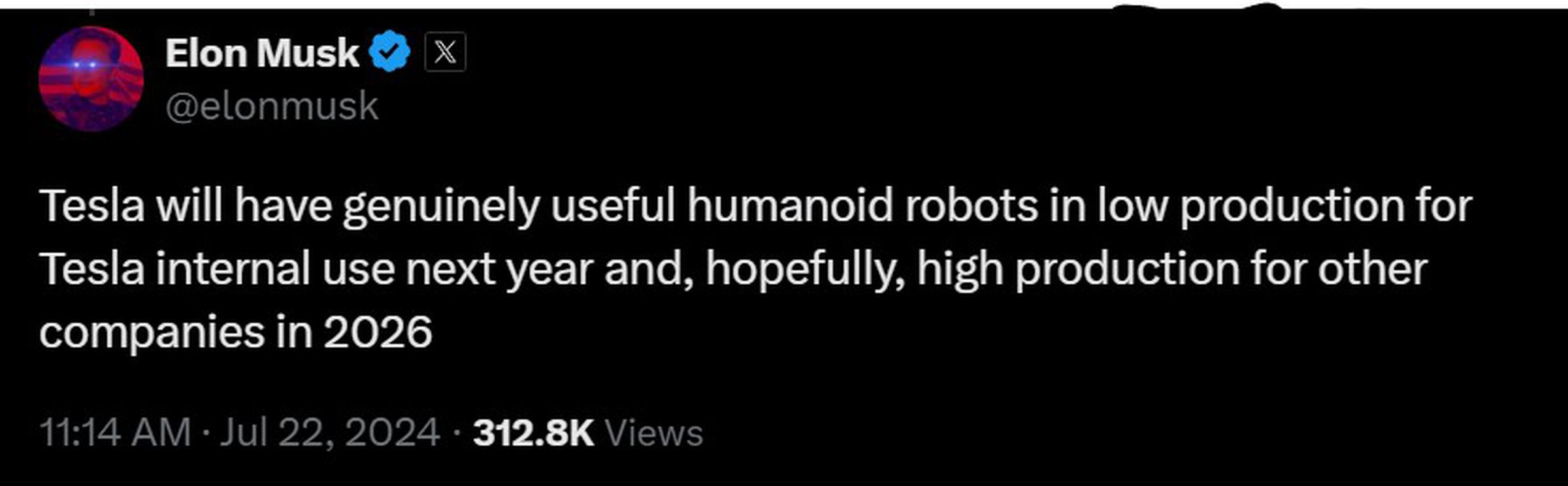 A screenshot of Elon Musk on X saying Tesla will introduce humanoid robots internally in 2025.