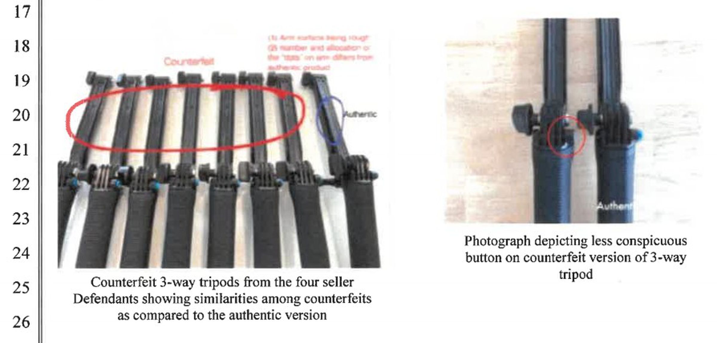Tripod comparison picture shows a smaller button on the fake, and different patterns of dots.