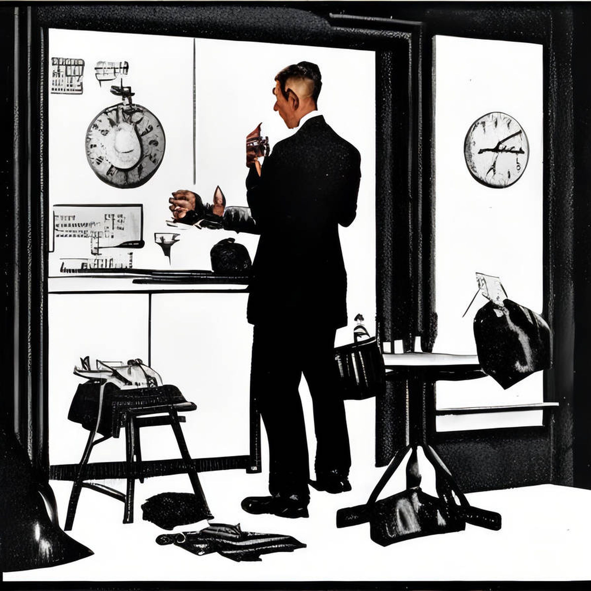 A DreamUp generation for “a man in a 1950s business suit defusing a bomb at a table in the style of Norman Rockwell.”