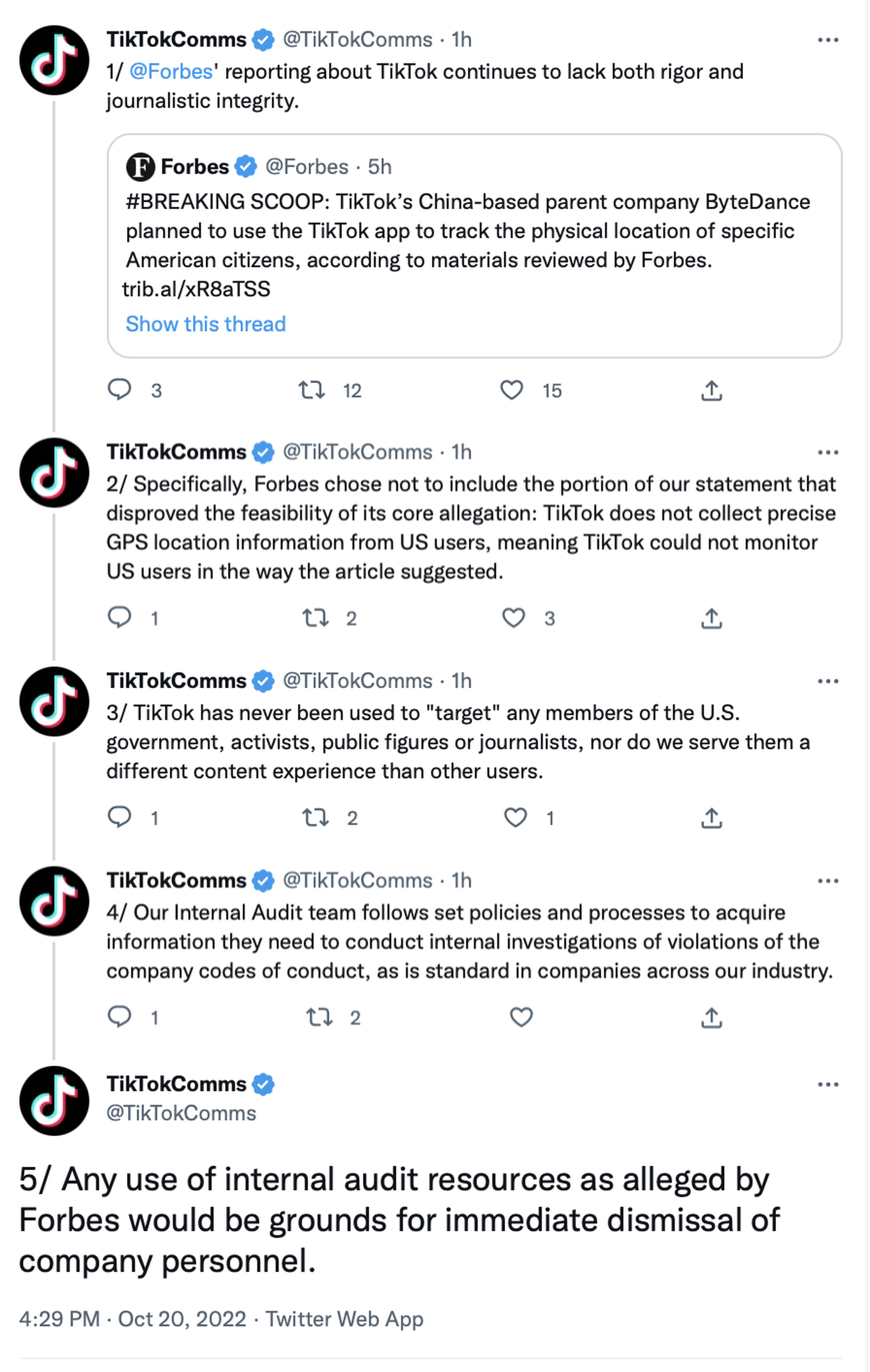 Screenshot of a thread from TikTokComms reading, in part: Forbes’ reporting about TikTok continues to lack both rigor and journalistic integrity. Specifically, Forbes chose not to include the portion of our statement that disproved the feasibility of its core allegation: TikTok does not collect precise GPS location information from US users, meaning TikTok could not monitor US users in the way the article suggested.